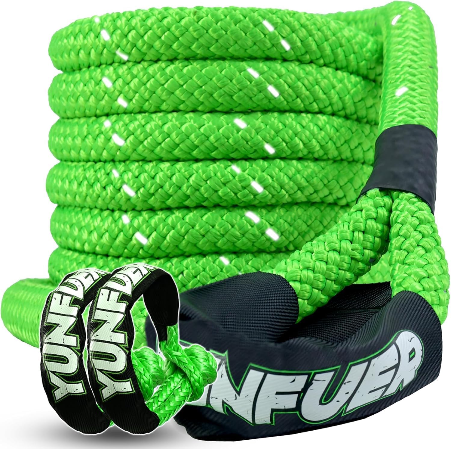 Heavy-Duty Kinetic Recovery Rope Kit – 86,000lbs, 1.5in x 30ft – Includes 2 Ultra-Strong UHMWPE Soft Shackles – 35%+ Elasticity for Off-Road Recovery, Towing & Emergency Use (Reflective)