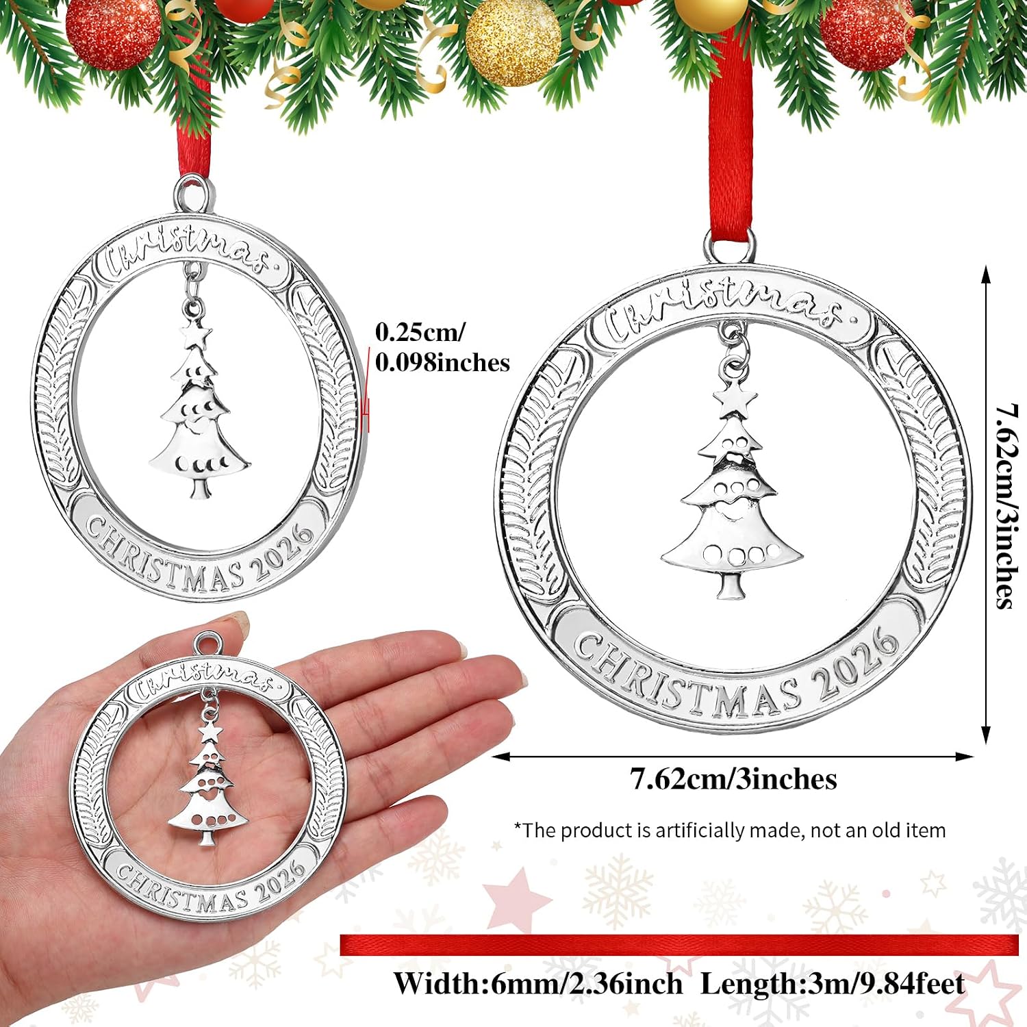 Jinei 12 Pcs Christmas Wreath Ornament Bulk with Rotatable Metal for Xmas Decorative Holiday Keepsake Gift (Xmas Tree)