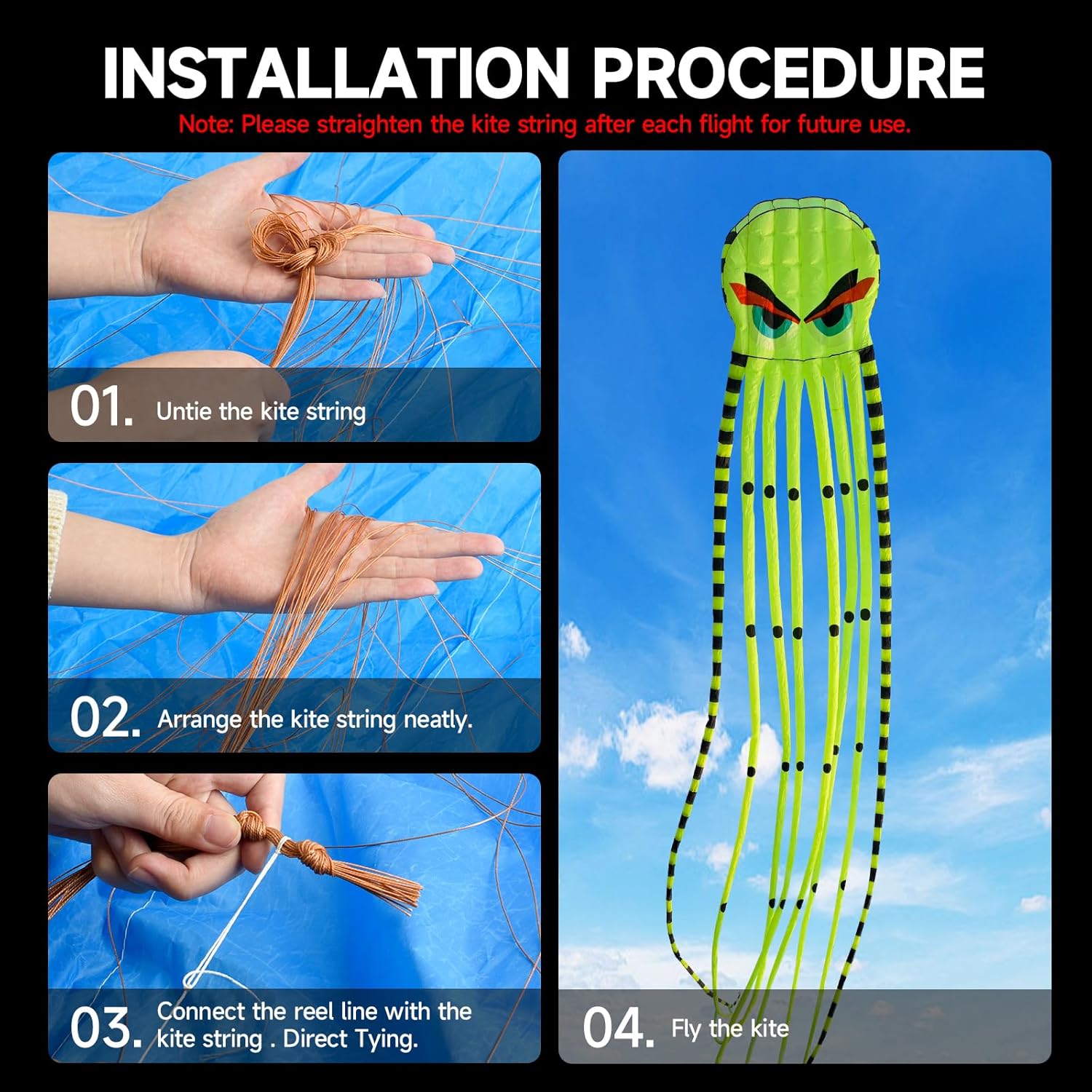 3D 26ft Ultra Large & Funs Octopus Foil Kite with 1000D Kite String, Beach Park Outdoor Fun Beach Trip Great Gift to Kids Build