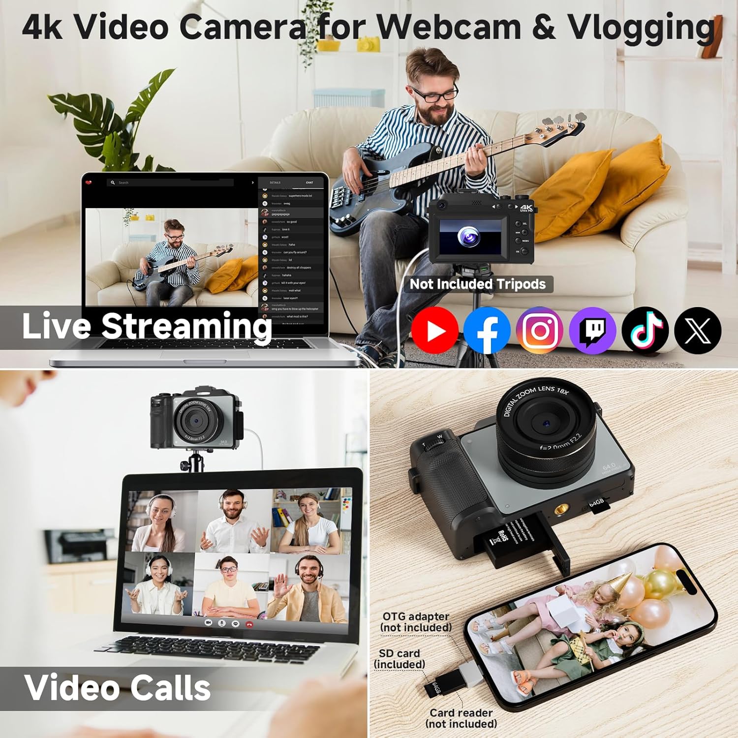 写真用4Kデジタルカメラ、YouTube用64MP WiFi Vlogカメラ、4色パネル、フラッシュ付きコンパクトトラベルビデオカメ