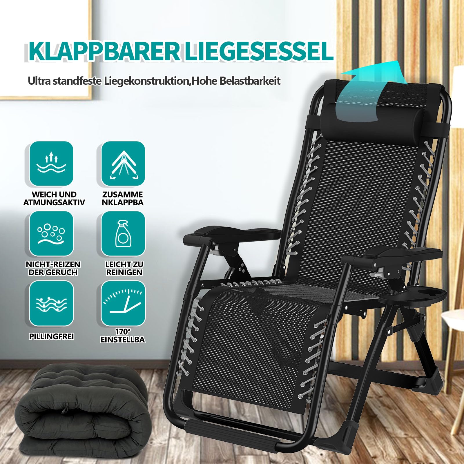 Fiutazge 65cm Large Chaise Longue Jardin Exterieur,Zero Gravity Transat De Plage Pliable avec Coussin,Appui-tête,Porte-Boisson pour Patio,Plage,Piscine,Capacité 240kg,Noir