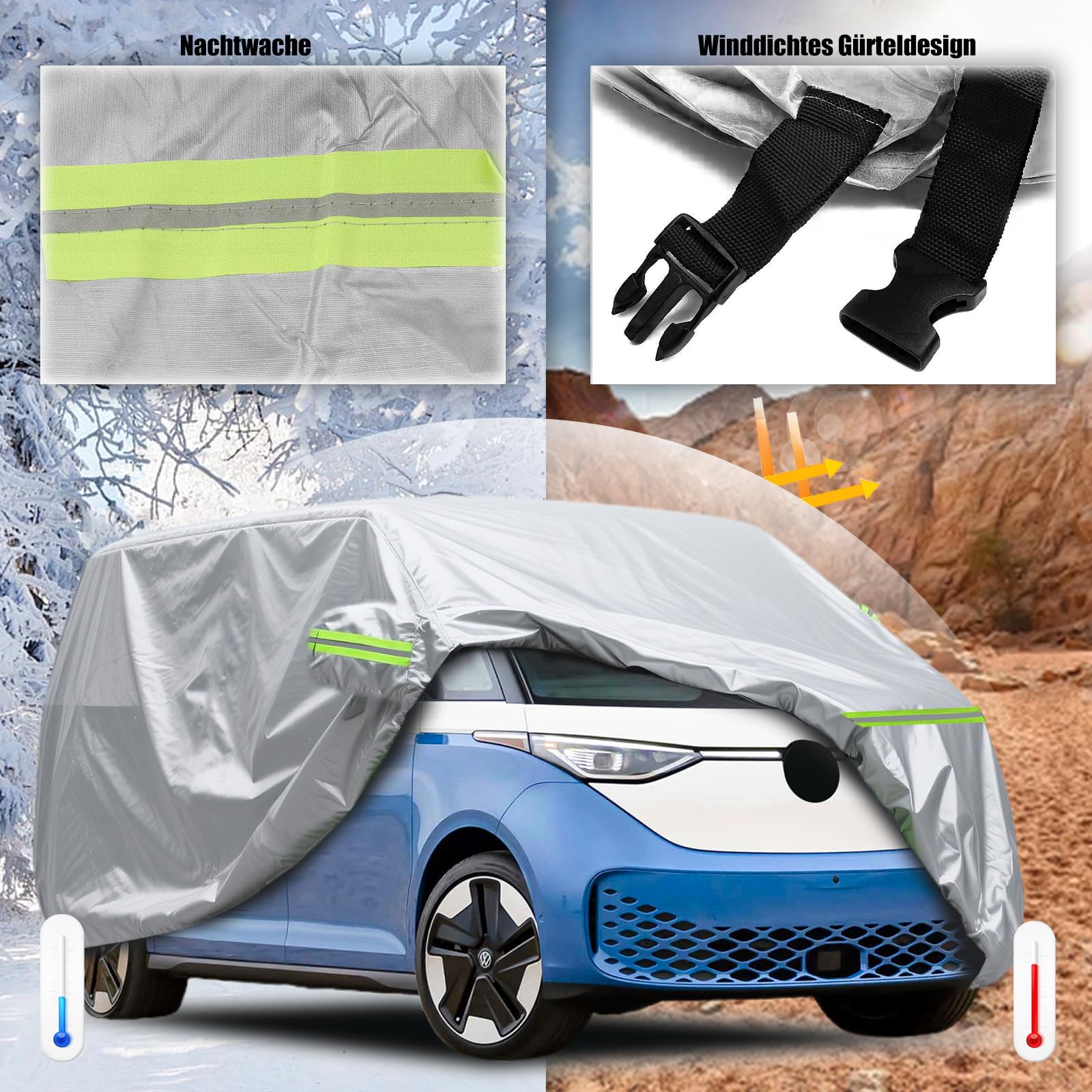 Cubierta para VW ID. Buzz, Dupont Oxford Lona para ID. Buzz Cargo/Pro, con rayas reflectantes, cubierta completa para VW ID. Buzz Protección para todo el año, resistente al agua y a los rayos UV (gris