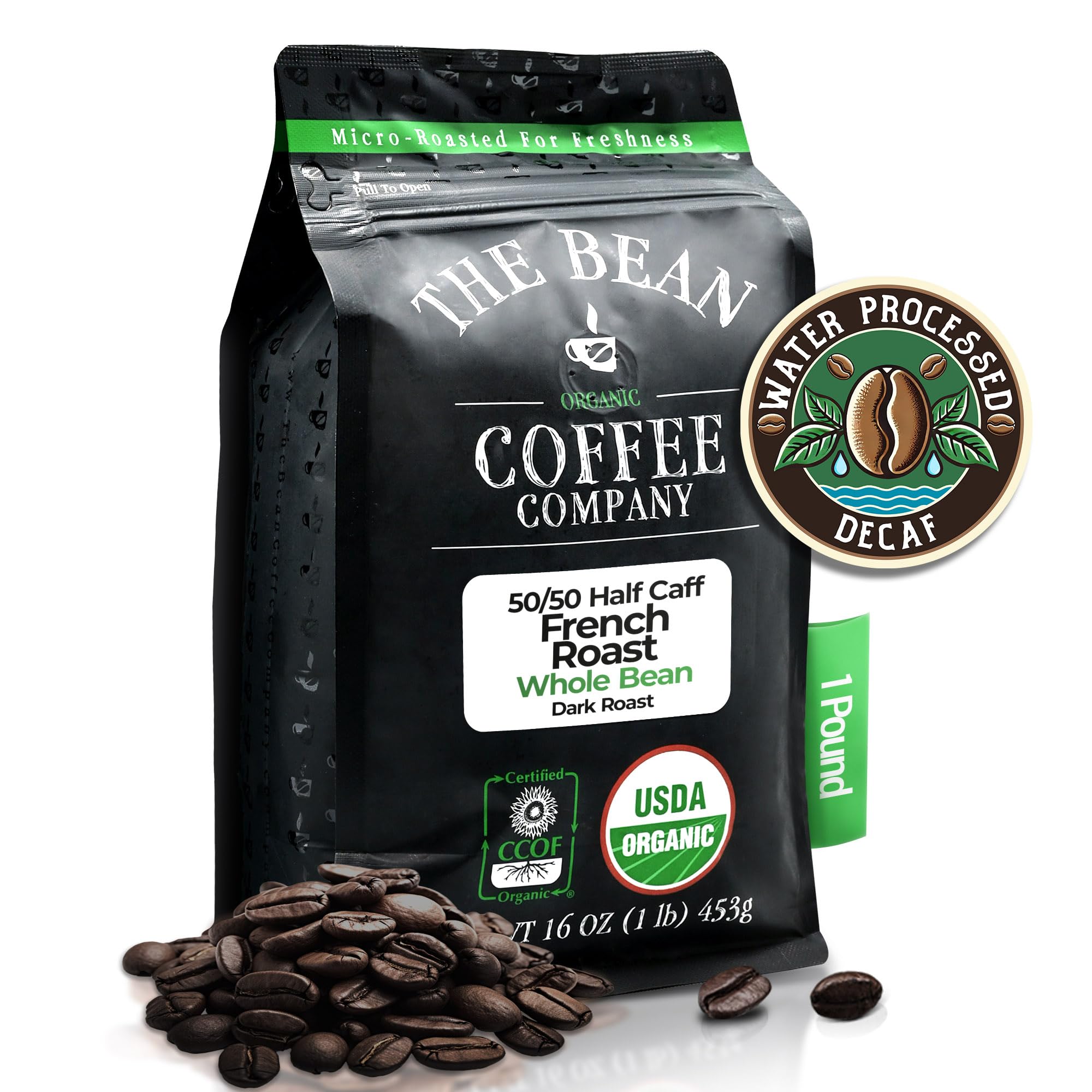 The Bean Organic Coffee Company 50/50 French Roast, 50% Decaf, Dark Roast, Whole Bean Coffee, 16-Ounce Bag, USDA Organic Certified