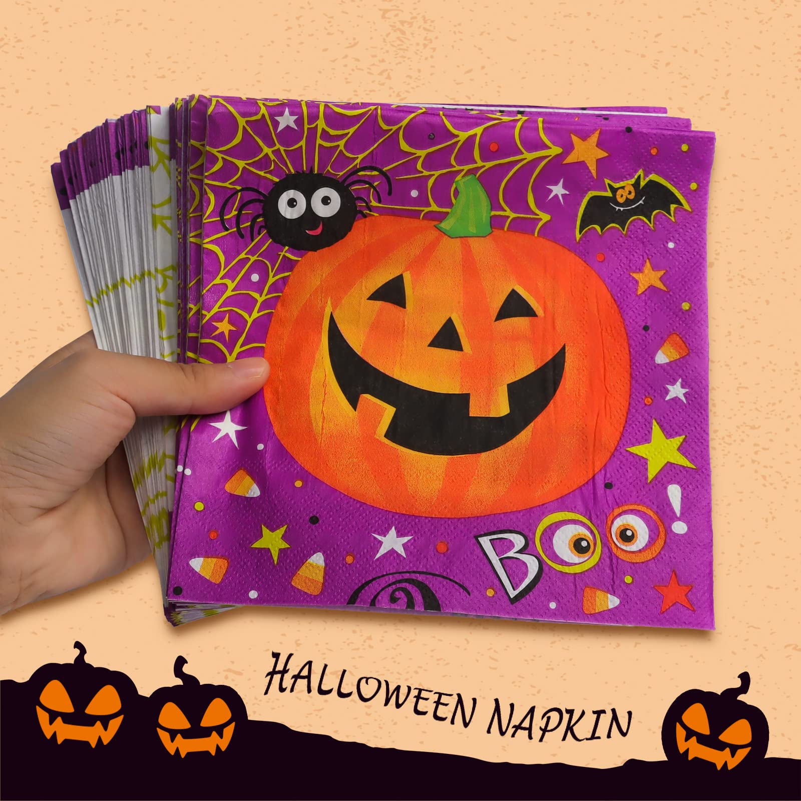 Serviettes Halloween 40 Pièces - Motif Crâne Citrouille, 33x33 Cm, 2 épaisseurs
