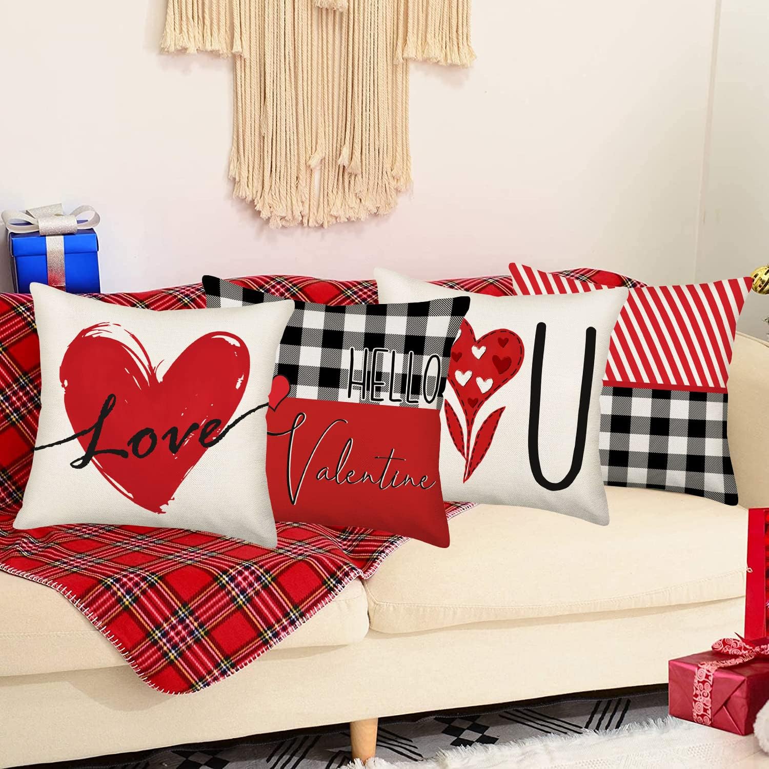 Happy Valentine’s Day I Love You Pillow Covers Set of 4 Red and Black Stripes Buffalo with Love Heart Home Sofa Bedroom Decor Throw Pillow Cases 20x20 Inch, Cotton Linen