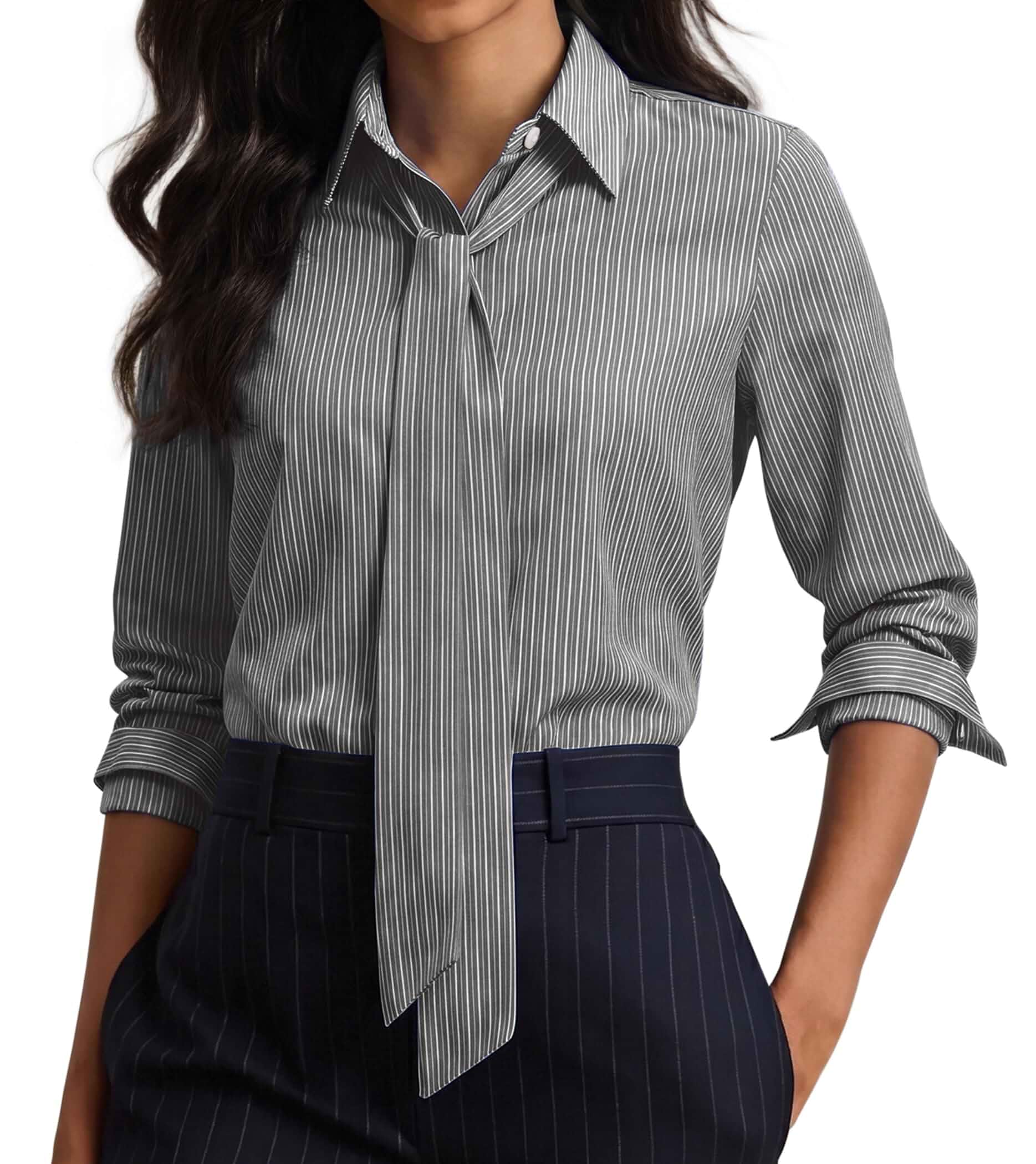 Striped Button Down Shirts for Women Dress Shirt Long Sleeve Cotton Casual Blouse Collared Office Work Tops with tie Long Sleeve
