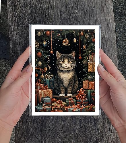 Miniatura 3 de Decoupage - Paquete de papel (35 hojas de 6 x 8 pulgadas), lindos gatos de Navidad en pueblos forestales invernales, FLONZ, tarjetas de ilustración