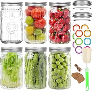 32 oz Wide Mouth Mason Jars with Airtight Lids and Bands, 6-Pack with Extra 2 Lids, Tags & Twine, Quart Glass Canning Jars for Overnight Oats, Pickling, Food Storage, DIY Crafts, Wedding Favors