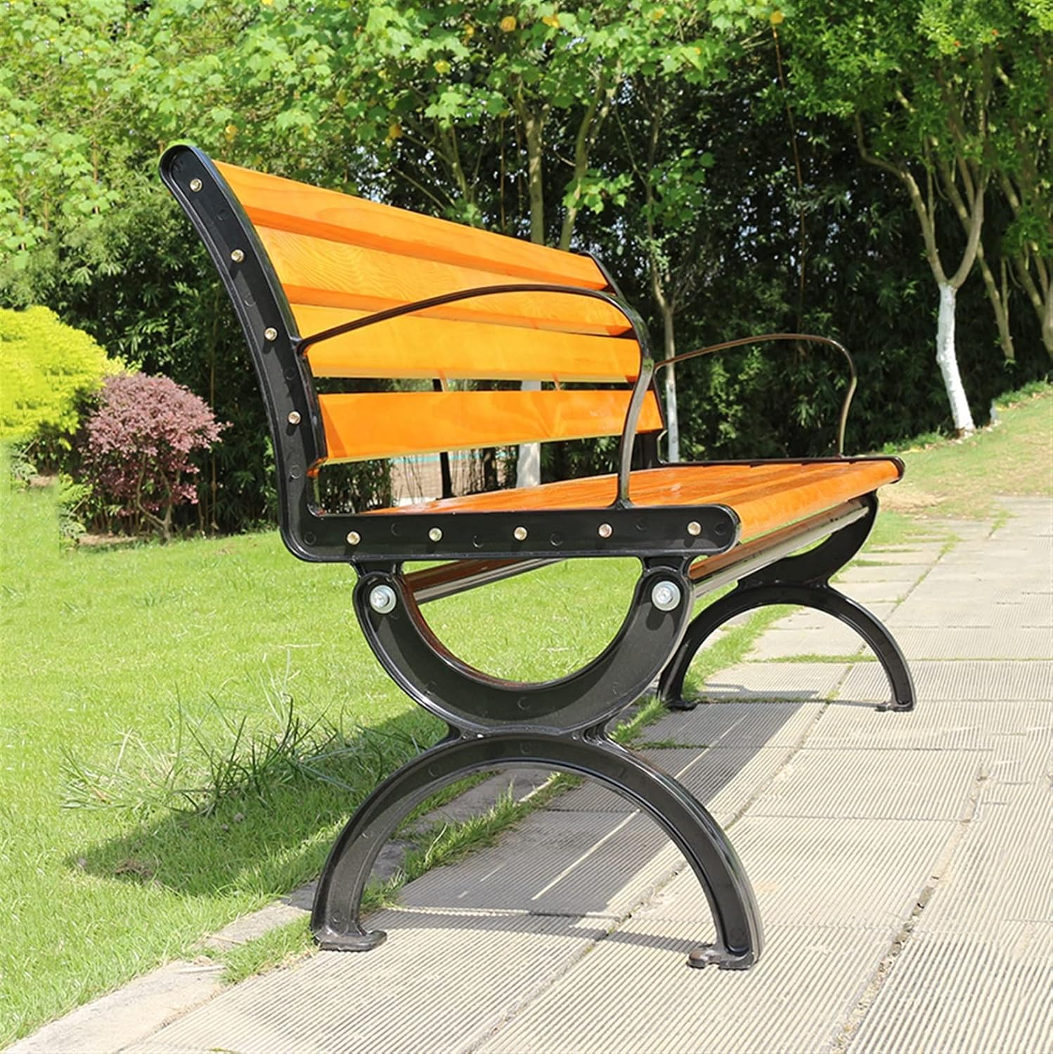Outdoor Bench Outdoor Bench 1.2/1.5/1.8m Garden Bench with Backrest and U-Shaped Legs Outdoor Leisure Wooden Bench with Metal e Easy to Assemble Garden Benches for Outdoor (180cm)