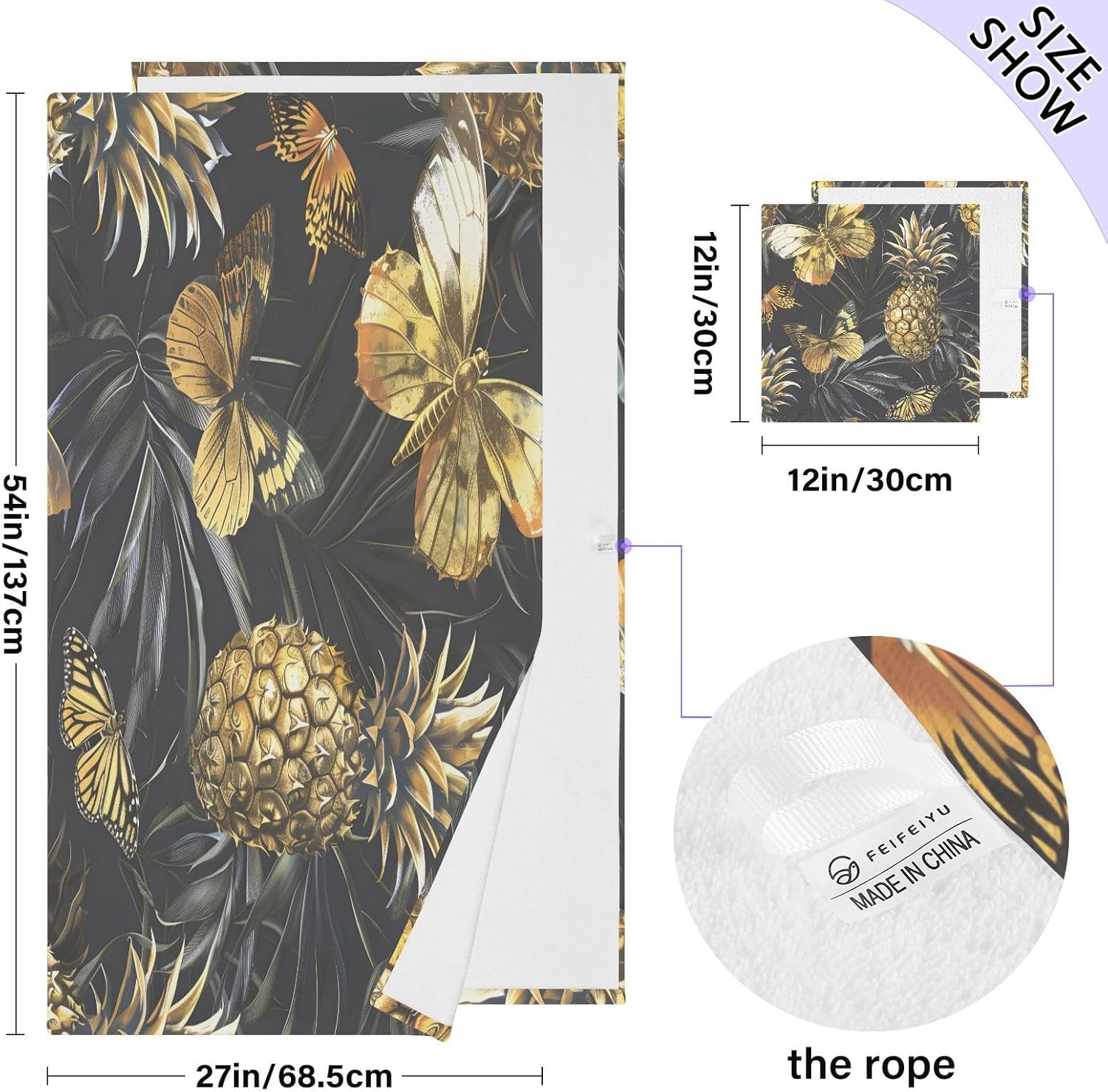 Hand Towels Premium Soft and Highly Absorbent Beautiful Pineapples and Butterflies 2 Pcs Towels for Bathroom Set 100% Cotton Decorative Face Towels