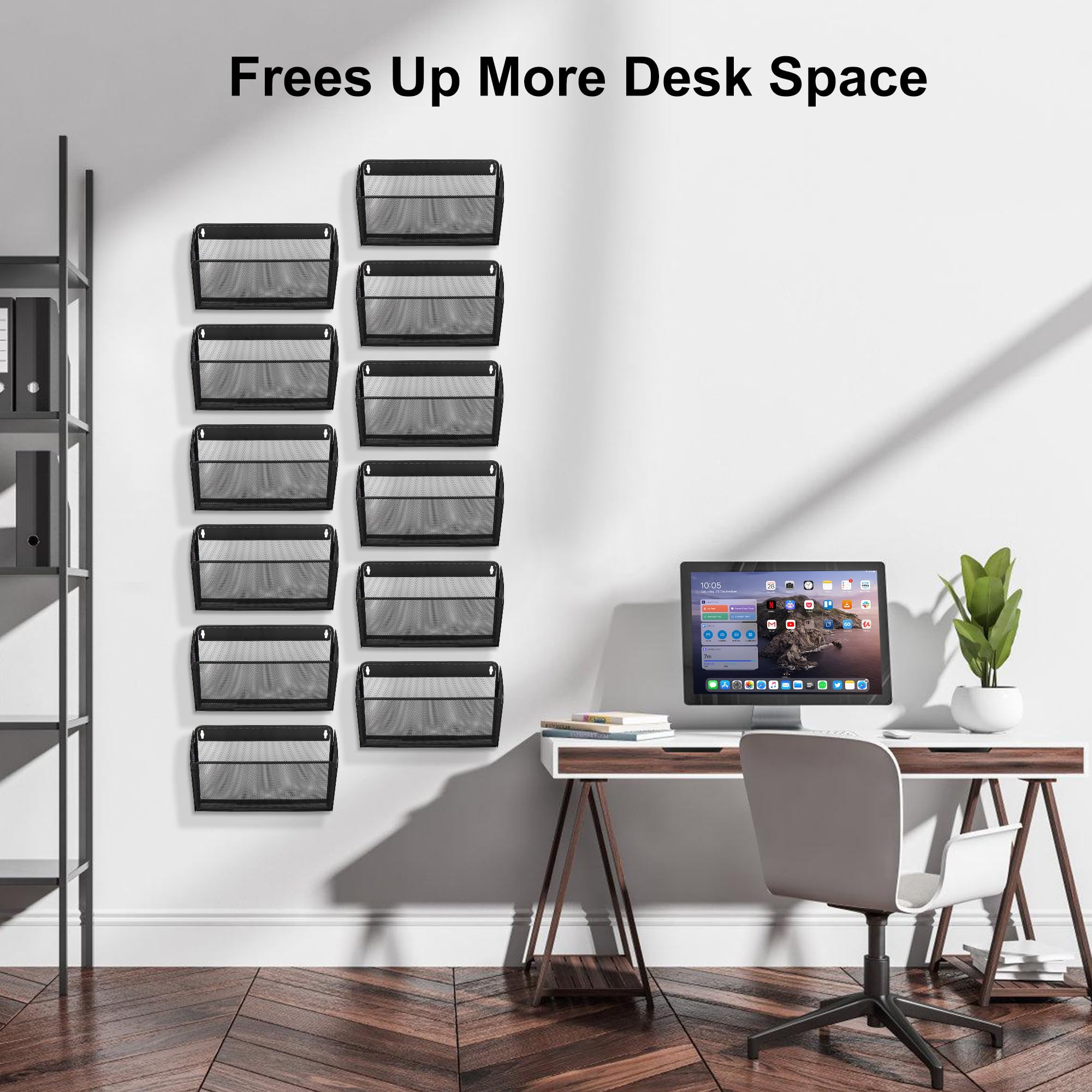 TQVAI 12 Taschen Zeitschriftenhalter Wand Metall Dokumenten A4 Papier Organizer für Büro Zuhause Schule, Schwarz