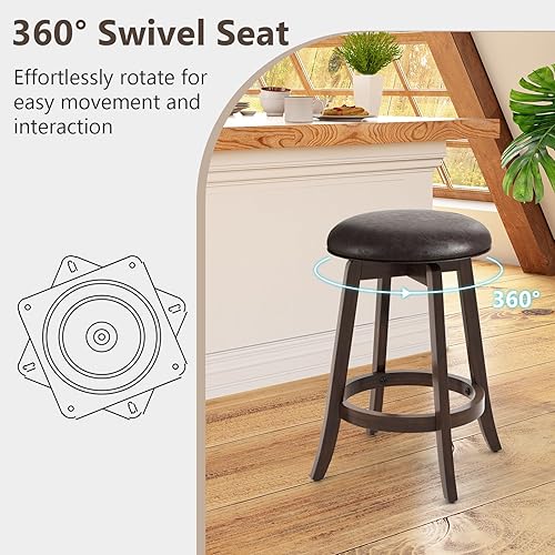Miniatura 4 de COSTWAY Juego de 4 taburetes de bar giratorios de 24 pulgadas, taburetes de bar tapizados con asiento de piel sintética y patas de madera de goma