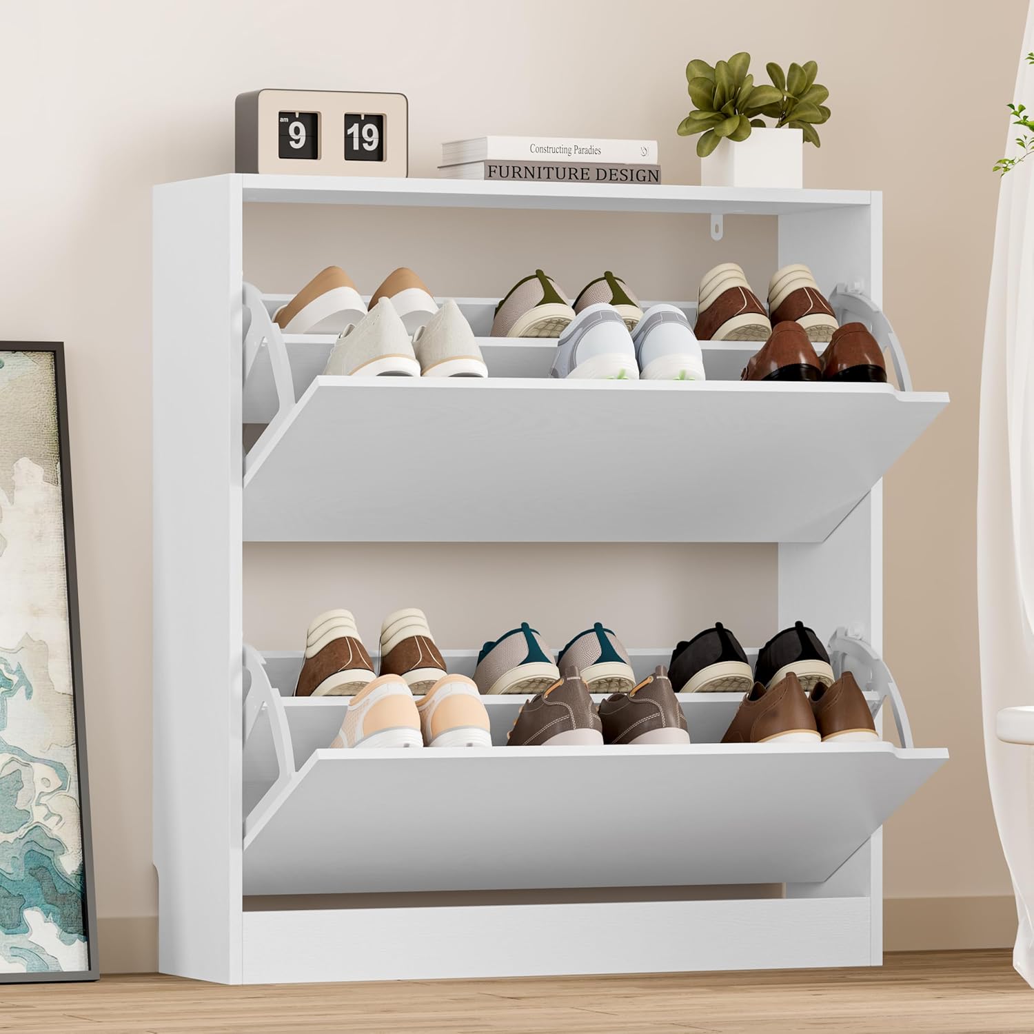 Shoe Cabinet with 3 Flip Drawers, Hidden Wood Shoe Cabinet,Freestanding Shoe Storage Cabinet for Entryway Hallway.White. 47.2" H*31.5" W*9.45" D.