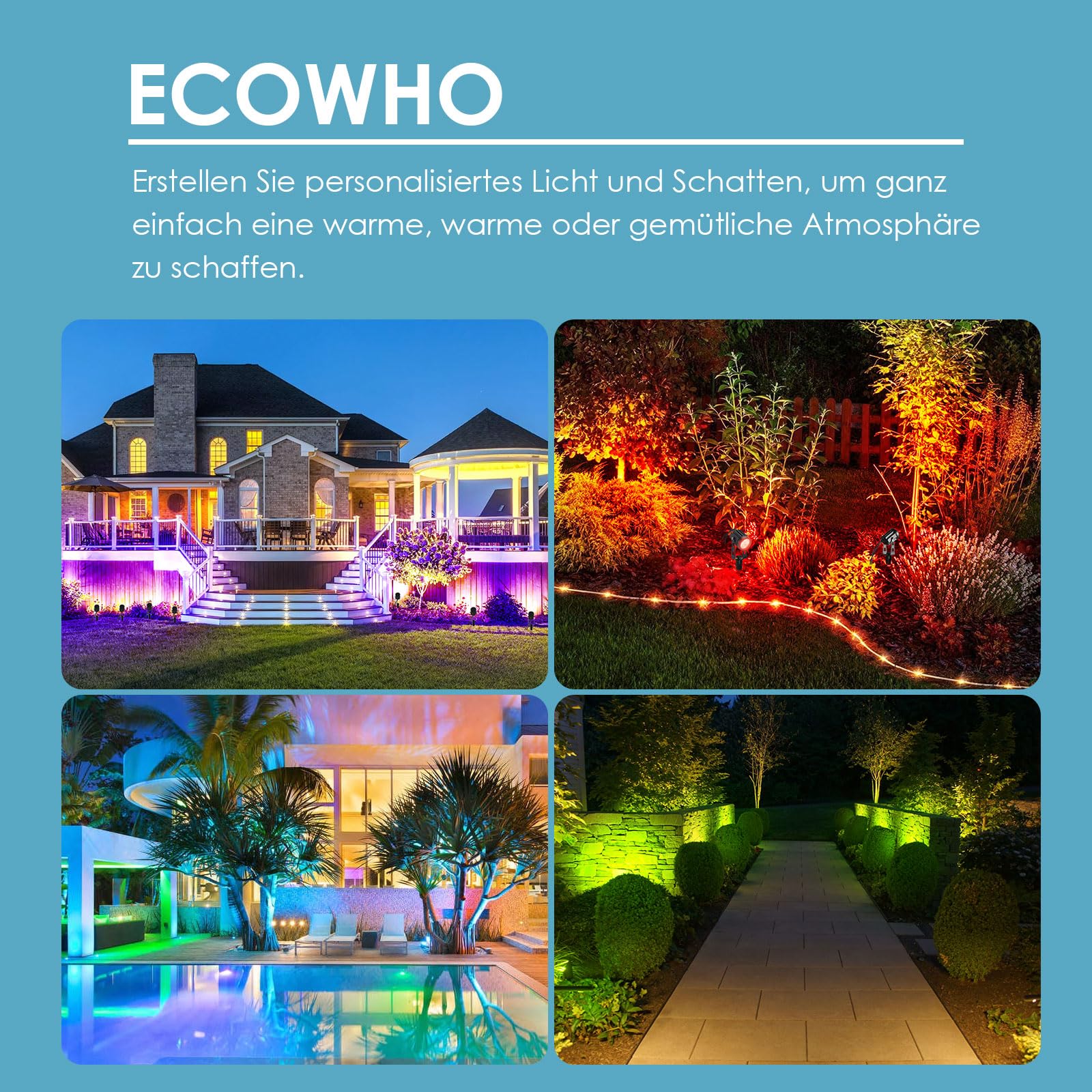 ECOWHO RGB Gartenbeleuchtung LED mit Fernbedienung und Timer,IP65 wasserdichte RGB gartenstrahler mit Strom，21M gartenleuchten mit Erdspieß für Außen Garten Rasen Bäume, Wege, Party und Teich（6 Stück）