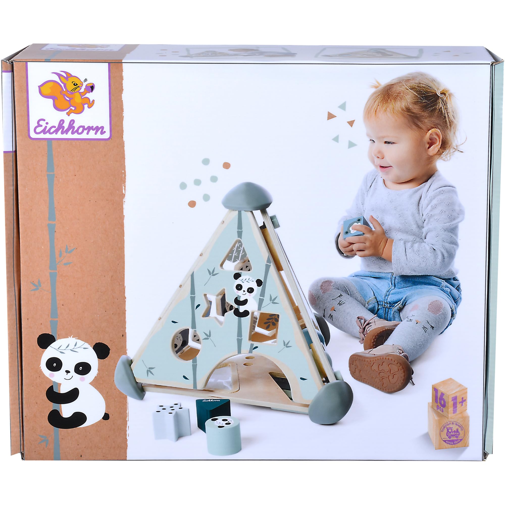 Eichhorn 100003812, Spielcenter Pyramide mit Kugelbahn, Musikfunktion und Steck, sowie Memospiel, 16-TLG., 33x33x38 cm, fördert Feinmotorik und Koordination, aus Birkenholz, ab 1 Jahr