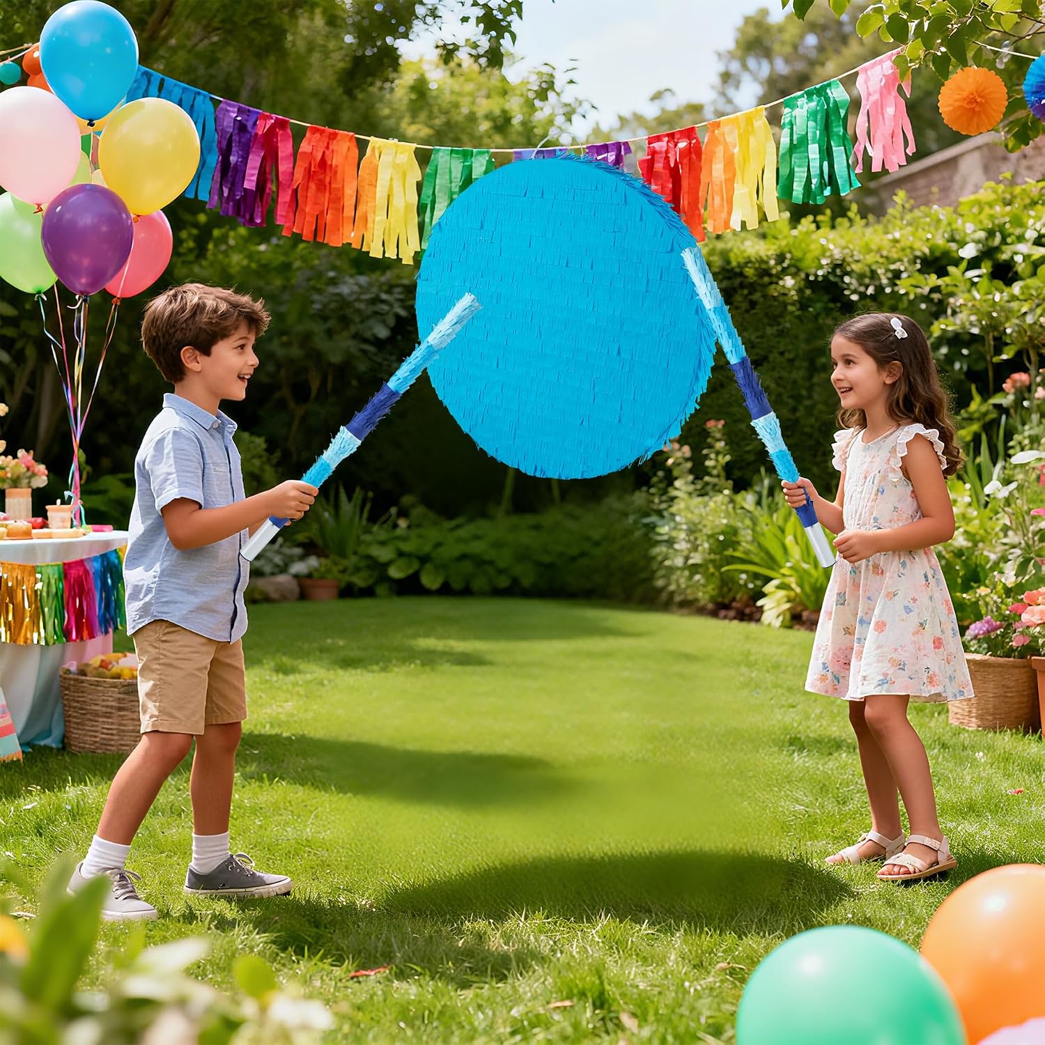 PCFING 18 Inch Round Blank Piñata Diy with 30 Inch Piñata Stick Blindfold Confetti for Boy Girl Adult Birthday Party Game Decorations, Anniversary Celebration, Fiesta (Blue)