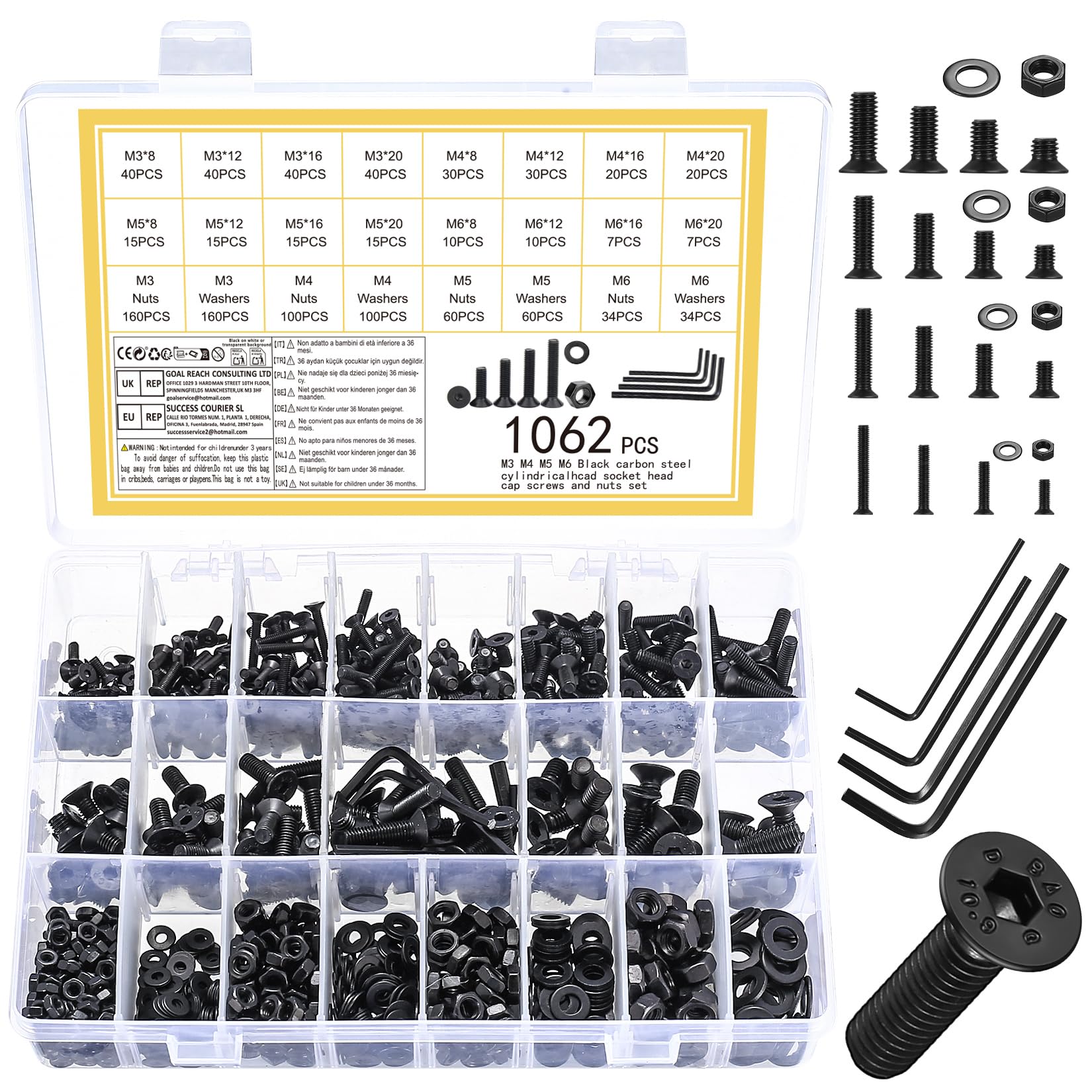 1062 Pcs Countersunk Bolts and Nuts Set, M3 M4 M5 M6 Screws Set, Machine Screws Nuts and Bolts Assortment