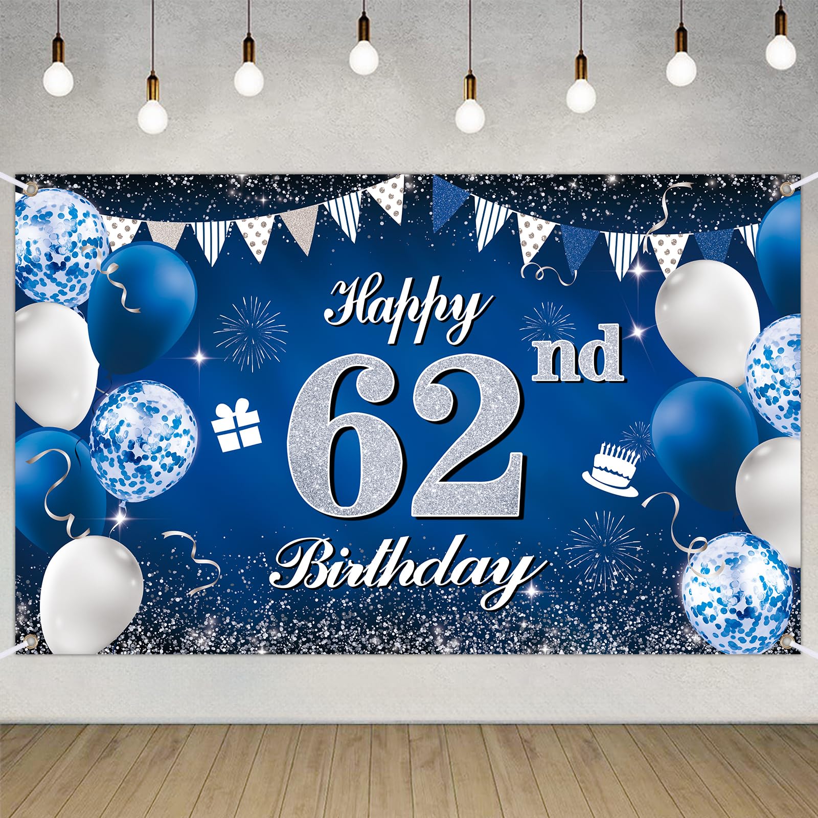 Happy 62nd Birthday Decorations Blue Birthday Banner for Party Backdrop for Men Women Party Decoration Supplies — image 1