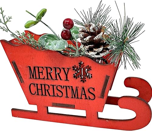 Miniatura 8 de BANBERRY DESIGNS Trineos rojos Feliz Navidad – Trineos de madera con ramitas de pino, piña y bayas rojas – Centro de mesa de vacaciones – Decoración