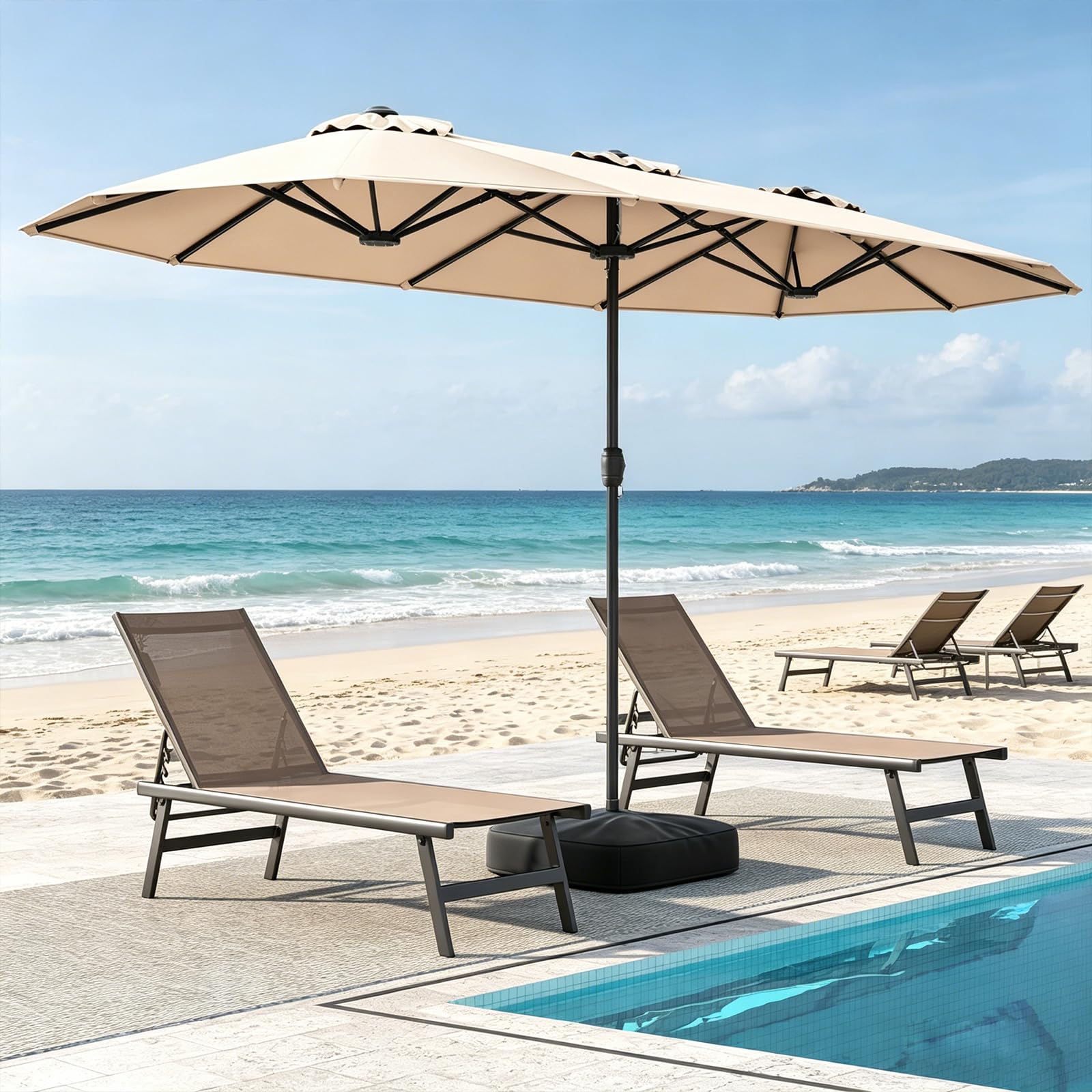 RELAX4LIFE Grand Parasol de Jardin Exterieur avec Pied, 4x2M Parasol Double pour Terrasse/Piscine/Marché, 12 Baleines Renforcées, Manivelle, Protection Solaire pour 6-8 Personnes (Beige)