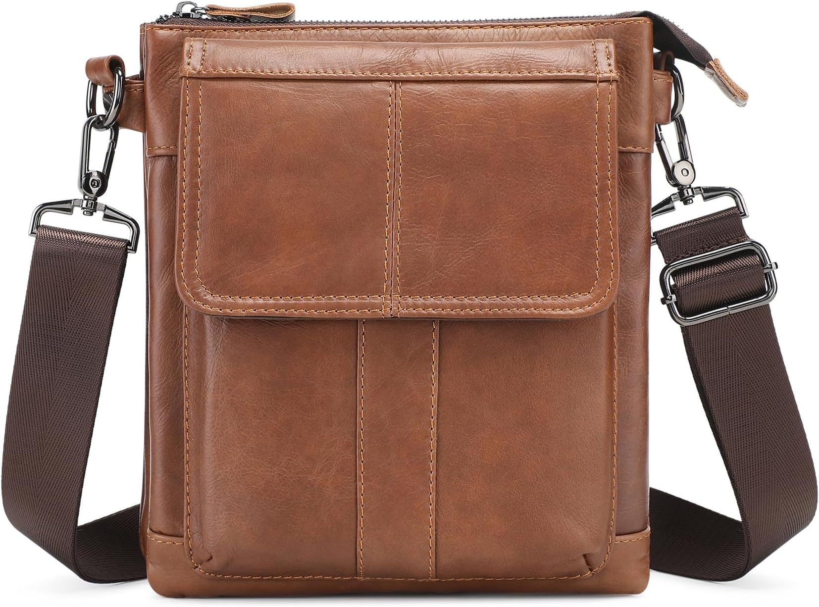 BAIGIO Men's Genuine Leather Shoulder Bags Retro Crossbody Bags for Men Brown Messenger Bag Casual Travel Bag for Phone Wallet Keys Passport Glasses