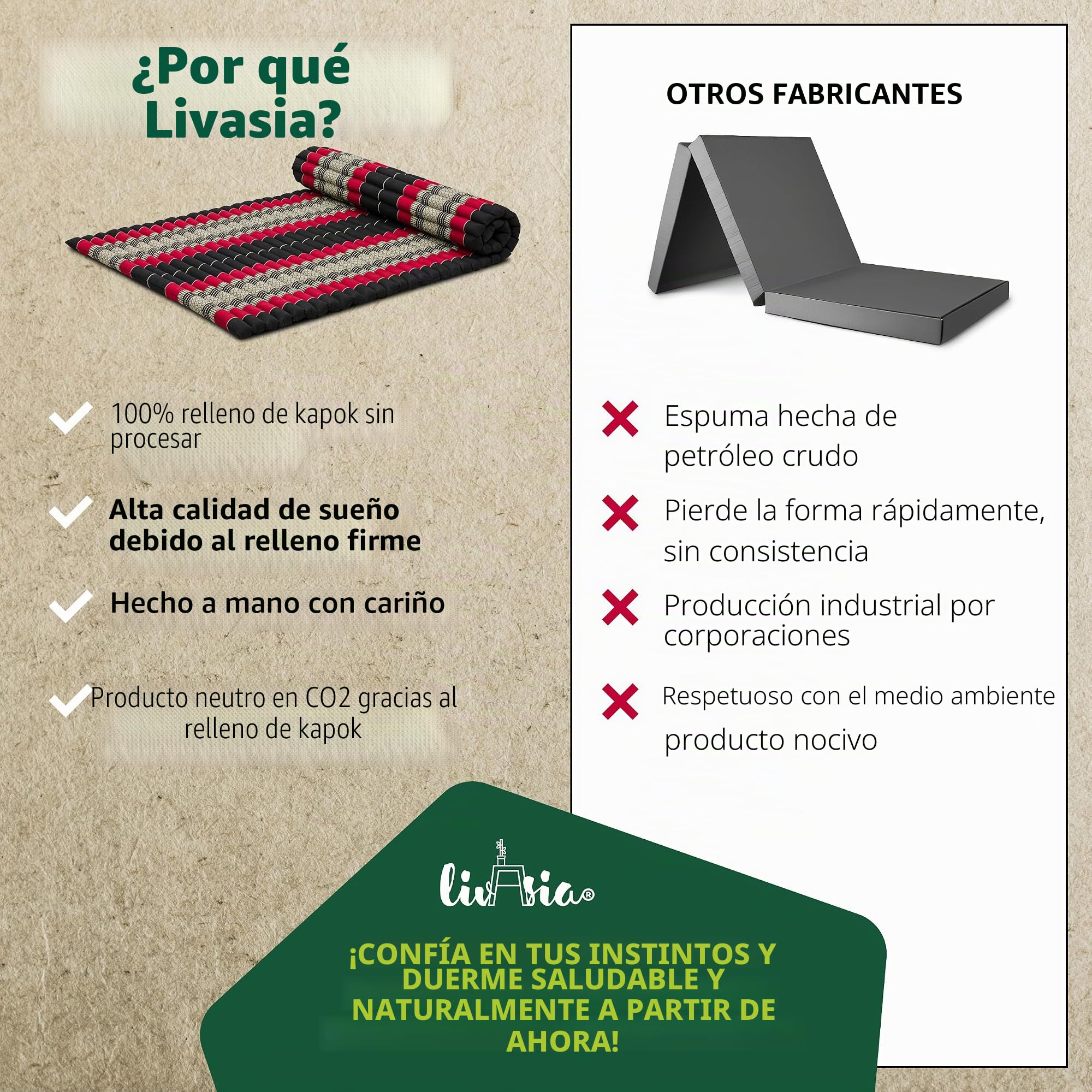 livasia colchón/esterilla enrollable L amplio y cómodo - 200x110x4,5cm - Cama invitados bordada 1 persona, Cama de viaje, Esterilla tailandesa de kapok para jardín/balcón artesana