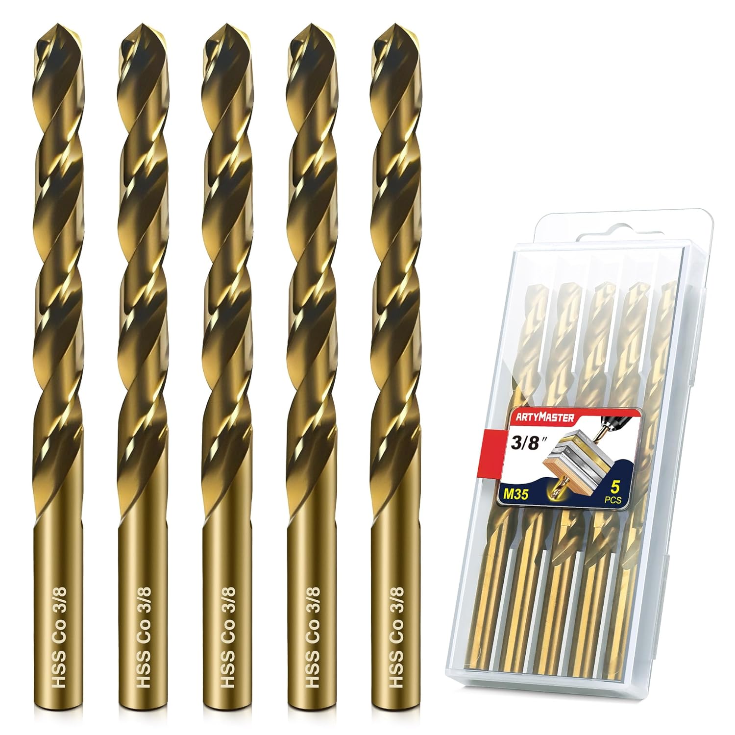 Artymaster Drill Bit Set, 5pcs (3/8") M35 HSS Twist Cobalt Drill Bits for Stainless Steel, Hardened Steel, Cast Iron, Plastic and Wood,AM07G