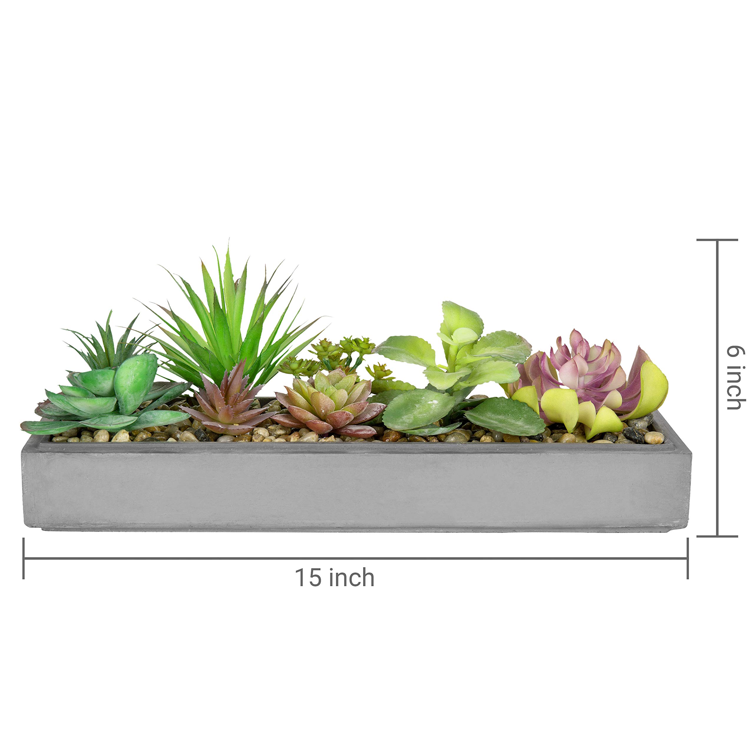 MyGift 15 Inch Mixed Color Assorted Artificial Succulent Plant Arrangement in Modern Gray Clay Planter Tray