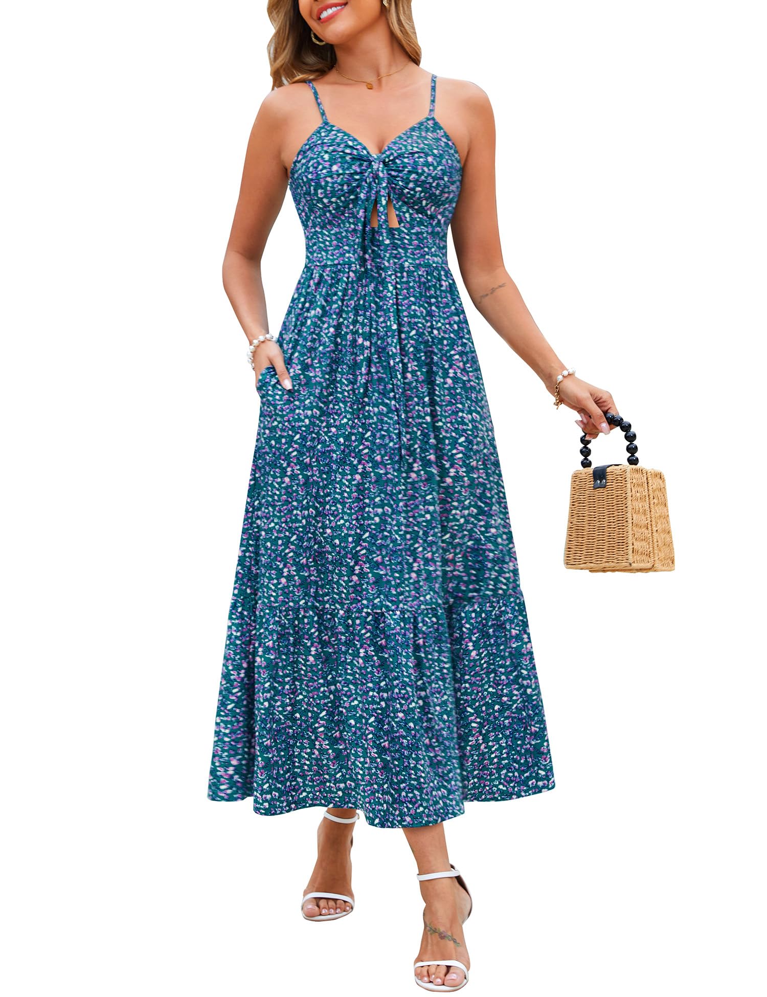 Kranda Women 2026 Summer Sundress High Waist Tie Front Spaghetti Strap Long Beach Floral Tiered Maxi Dress with Pockets