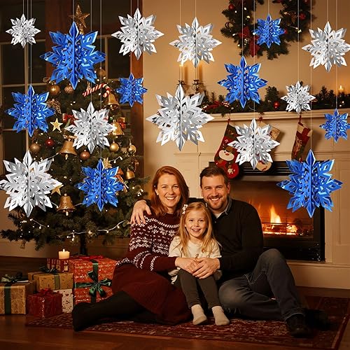 Vista 28 de 36 decoraciones de copos de nieve de Navidad, guirnalda de copos de nieve de papel blanco grande 3D para colgar copos de nieve para invierno, país