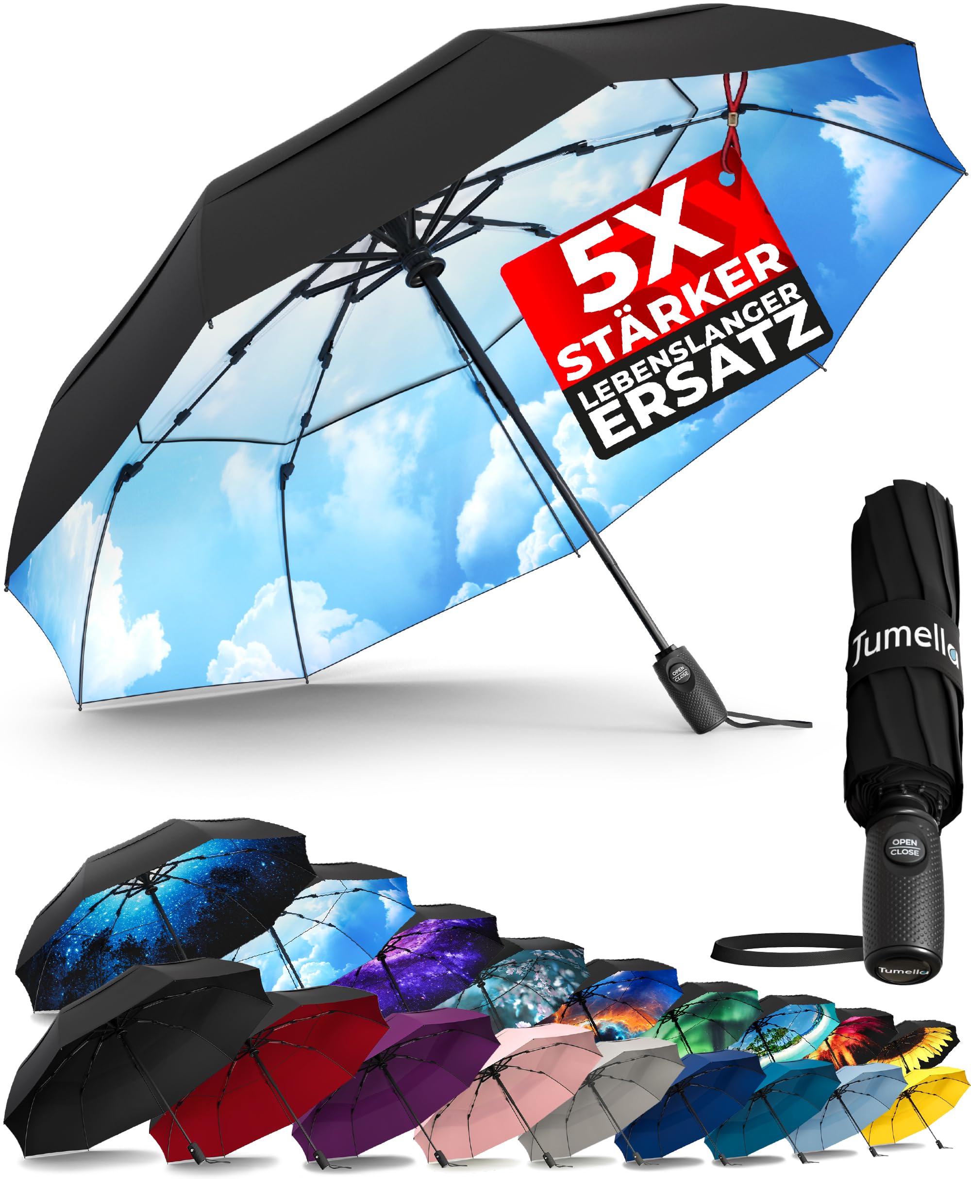 TUMELLA Stärkster windfester Reiseschirm (kompakt und hochwertig), kleiner, robuster, aber leichter, tragbarer und automatisch zusammenklappbarer Regenschirm, langlebiger Premium-Griff Himmelblau