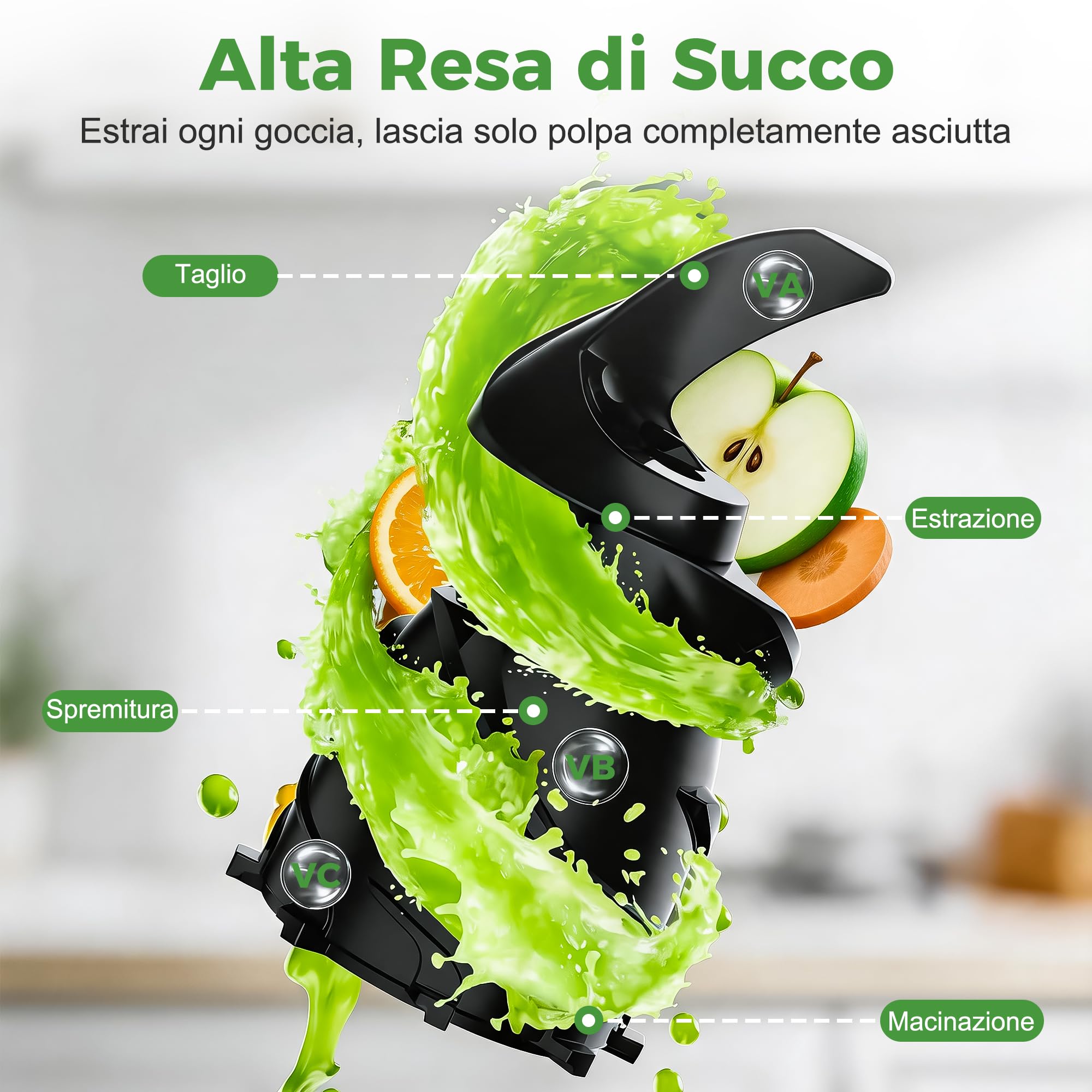 YASHE Estrattore di Succo Lento 300W, Bocca 148 mm per Frutta e Verdura Intera, Slow Juicer con Funzione Inversa, Motore Silenzioso, Senza BPA, Facile da Pulire