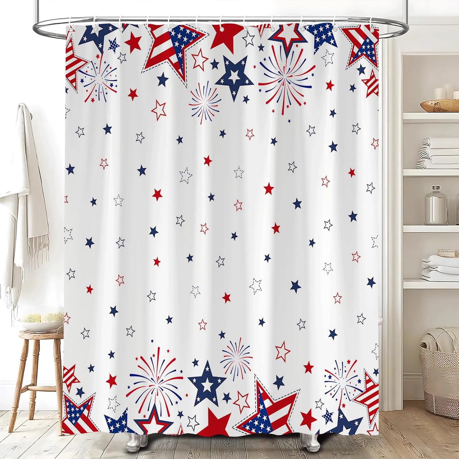 4th of July Shower Curtain American Flag Blue Red Star Firework Independence Day Polyester Fabric Holiday Fashion Bathroom Accessories Set with Hooks 70Wx90H Inch