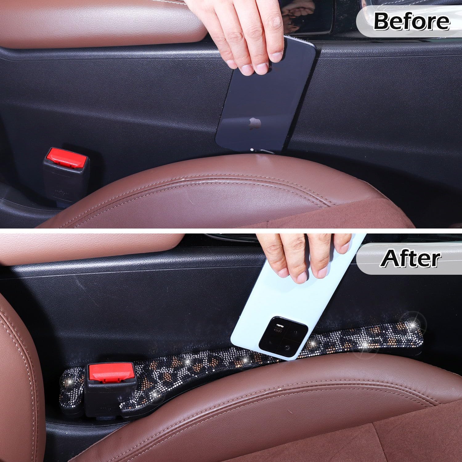 Briwill Bling Leopard Car Seat Gap Filler, Set of 2 Handmade Crystal Rhinestone Diamond Bling Cheetah Car Gap Filler Fit for Car Truck SUV Cheetah Print Car Accessories(Leopard)