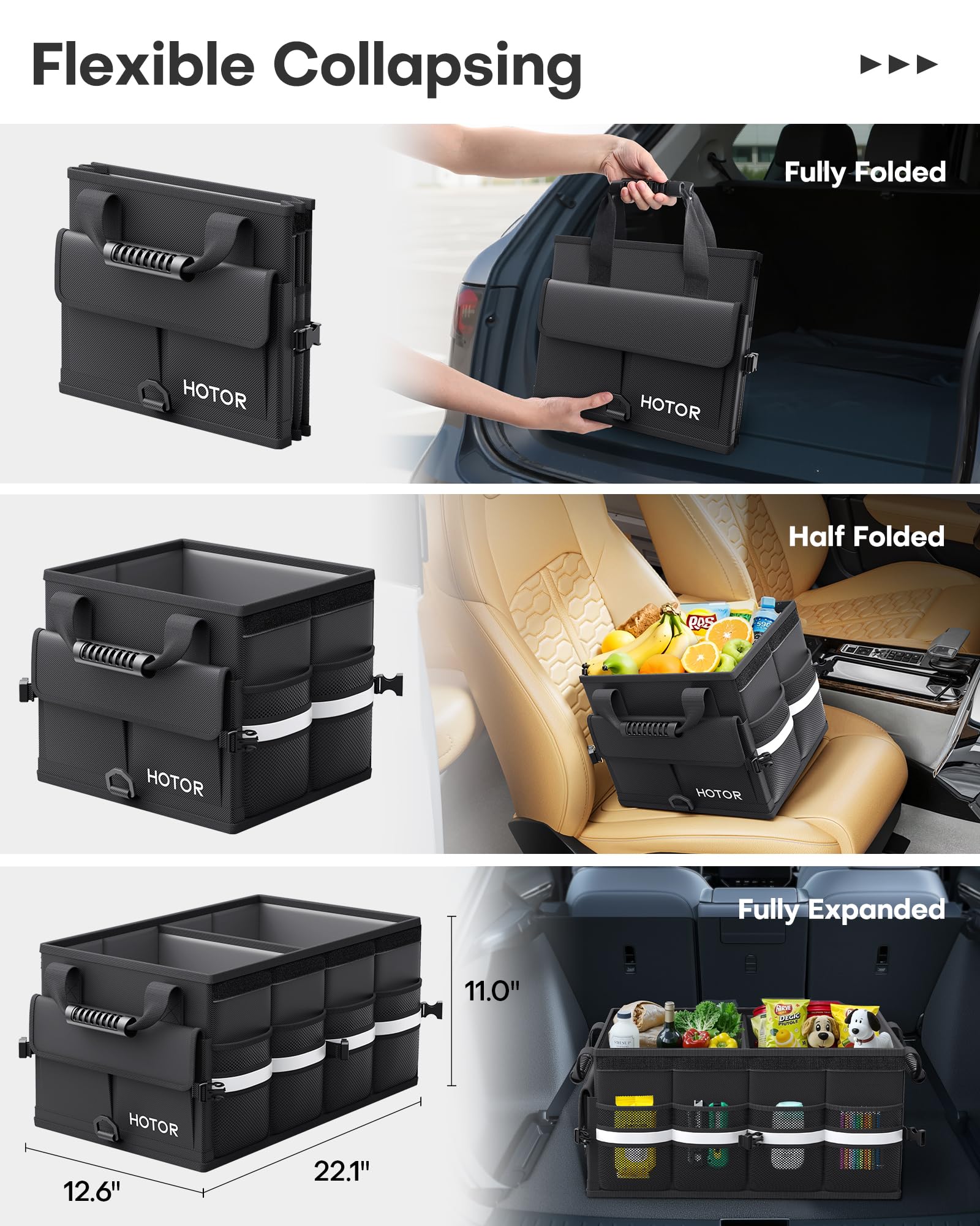 HOTOR Car Trunk Organizer - Foldable Trunk Organizer for SUV, Car Storage with Reflective Strips & Securing Cover, Large Capacity Car Accessories for Truck, Van & Sedan, Black, 22.1" x 12.6" x 11.0"