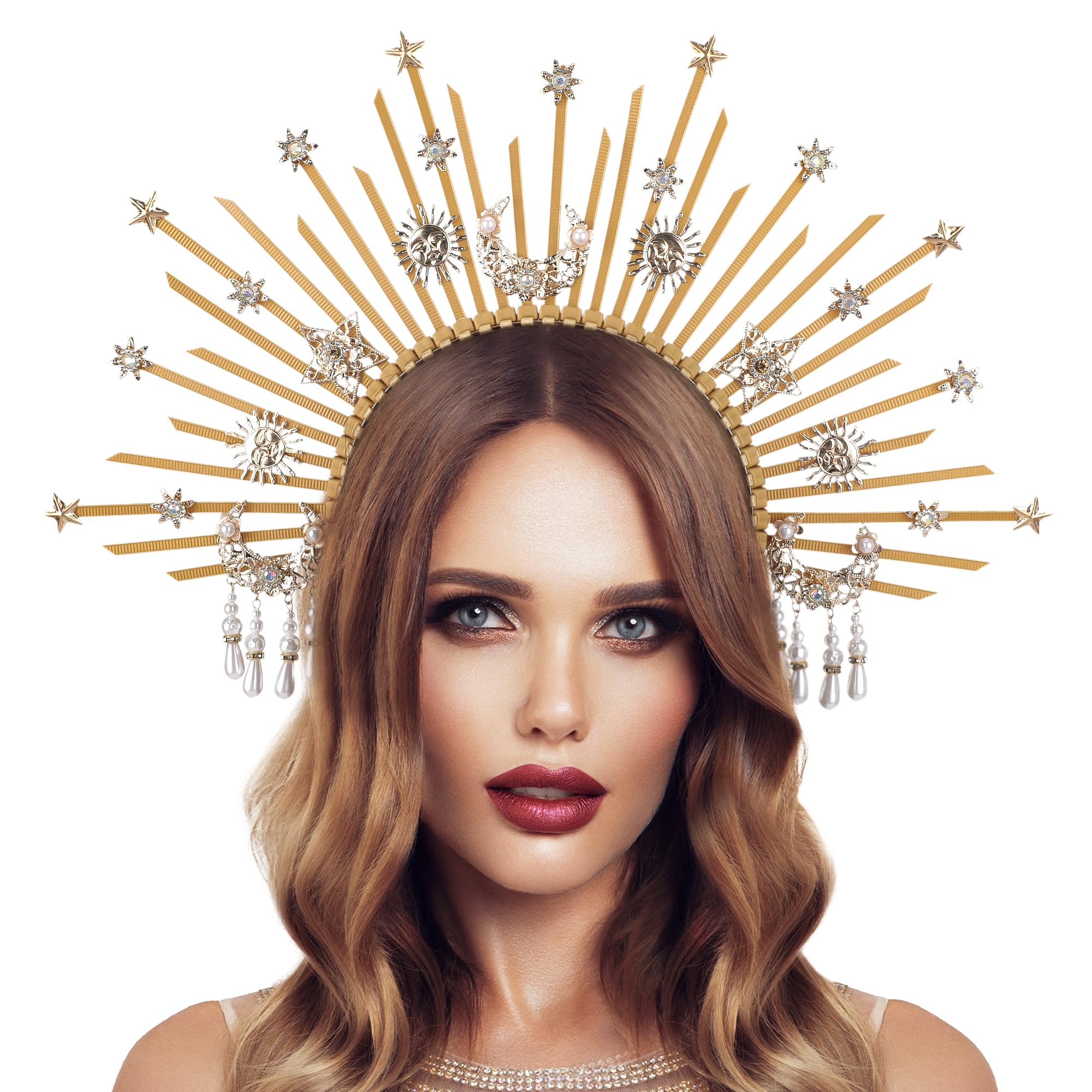 Sun Goddess Halo - Corona aureola con stella e luna per donne, accessorio per cosplay e rinascimentale