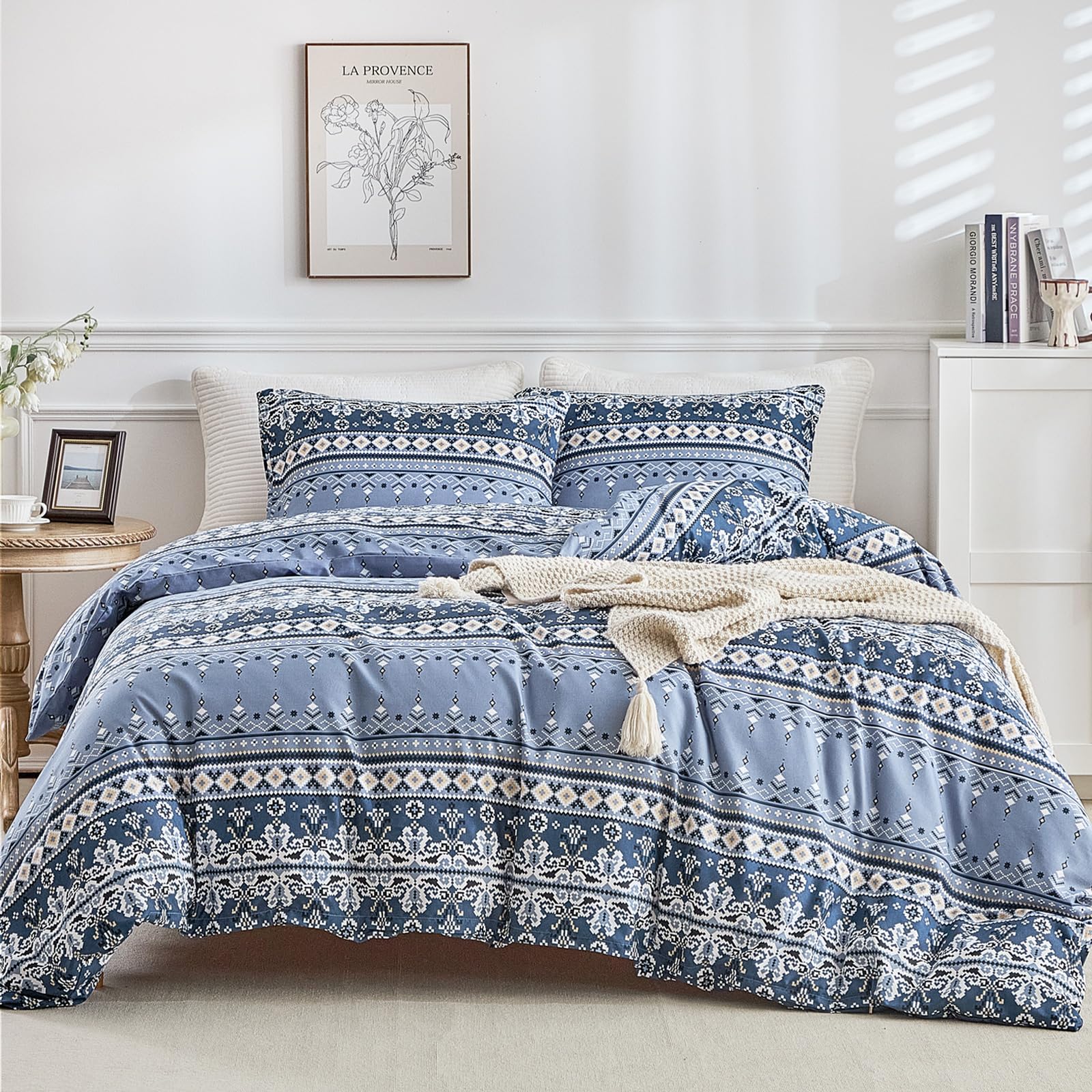 Lekesky Bohemian King Size Duvet Cover Sets Blue Bedding Geomoetric Stripes Print Bedding Sets King Size (1x Quilt Cover - Image 3
