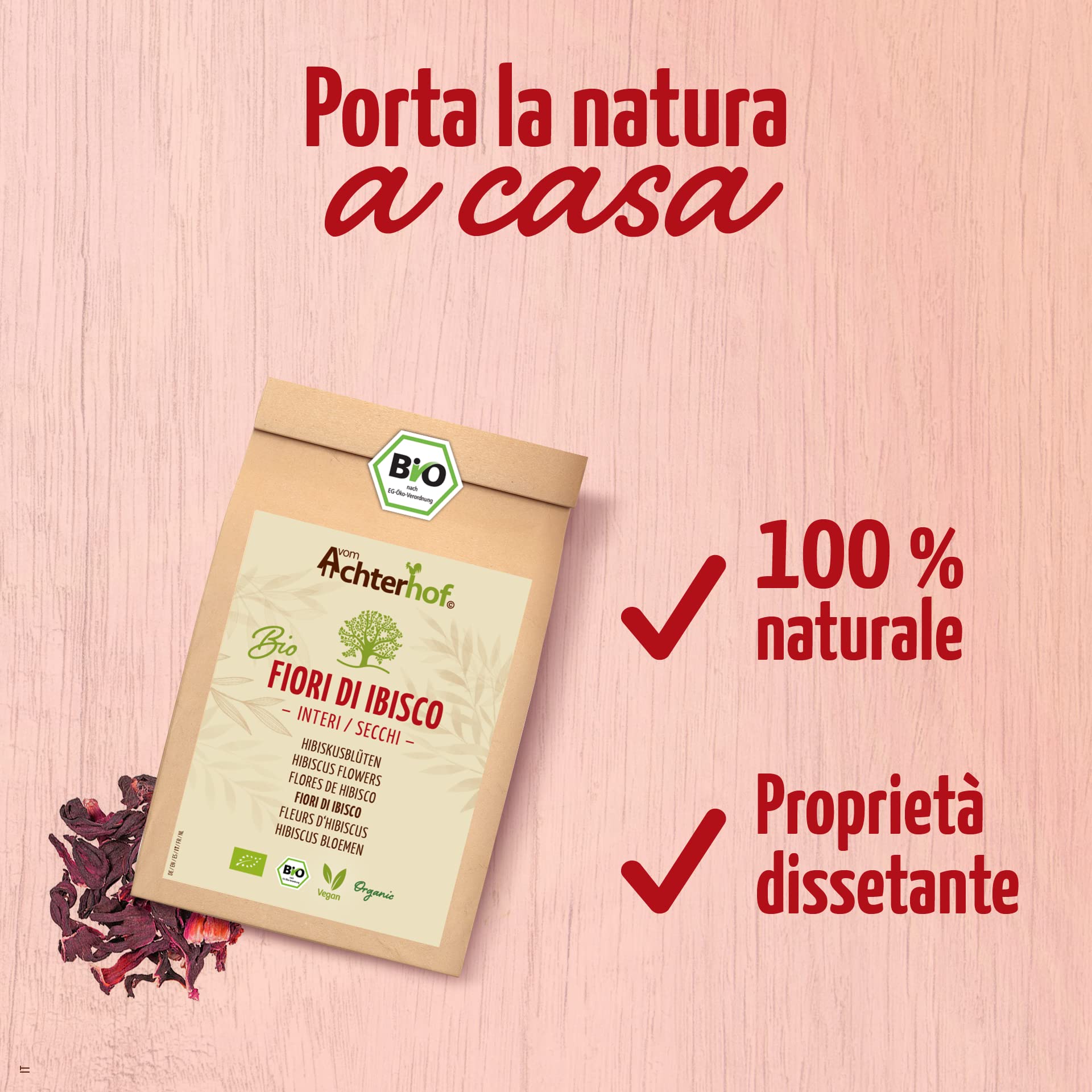 Fiori di ibisco biologici secchi interi 1000g | gusto leggermente acido-fruttato | in qualità biologica | tè di ibisco dolce-aromatico | ideale per insalate, dessert, torte, joguhrts | vom Achterhof