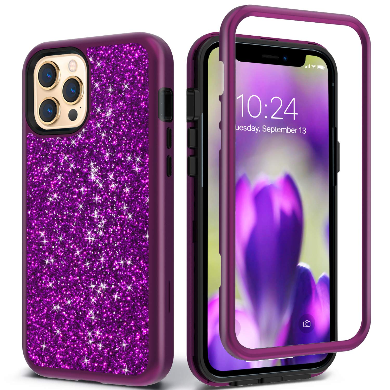 Coolwee Glitter Full Protective Case for iPhone 12 Pro Max Heavy Duty Hybrid 3 in 1 Rugged Shockproof Women Girls Dark Purple for Apple iPhone 12 Pro Max 6.7 inch Shiny Bling