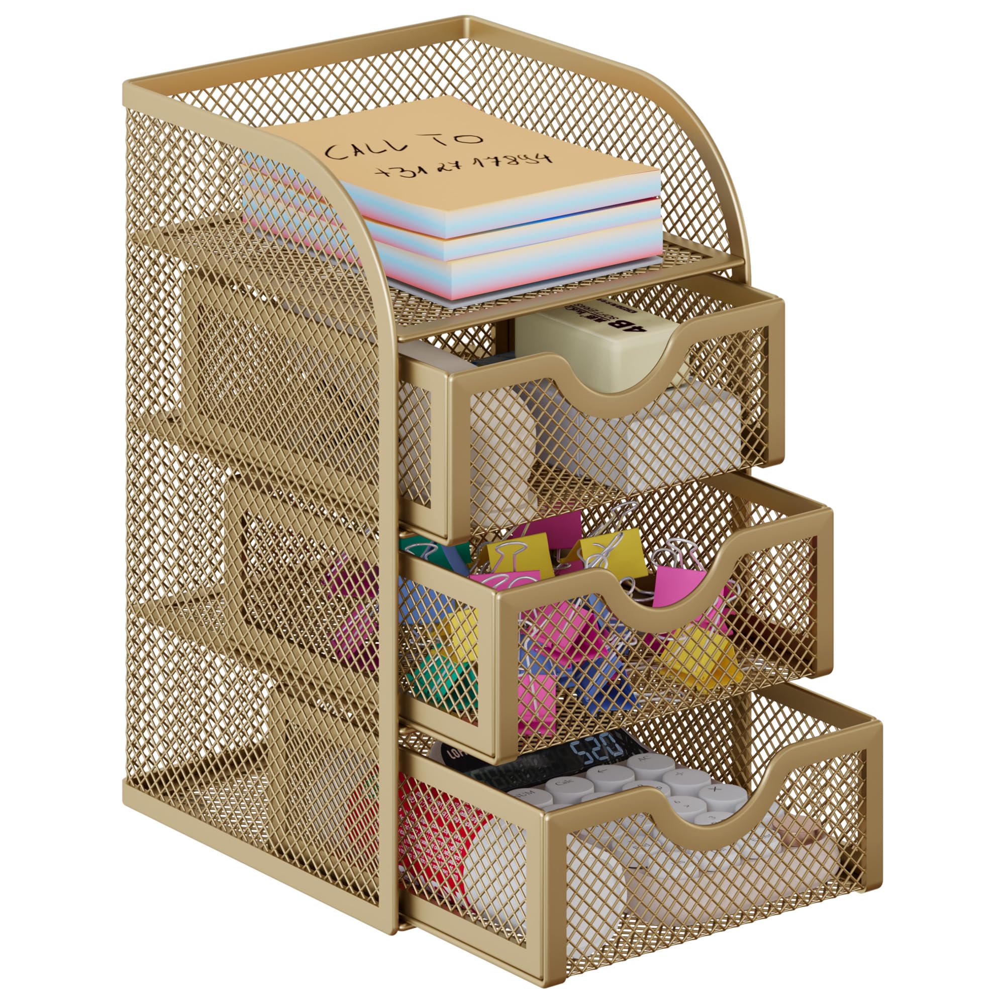 EasyPAG Mesh Desk Organizer with 3 Drawer Office Desktop Organizers and Accessories Stationery Caddy for Office, Home, Students, Gold