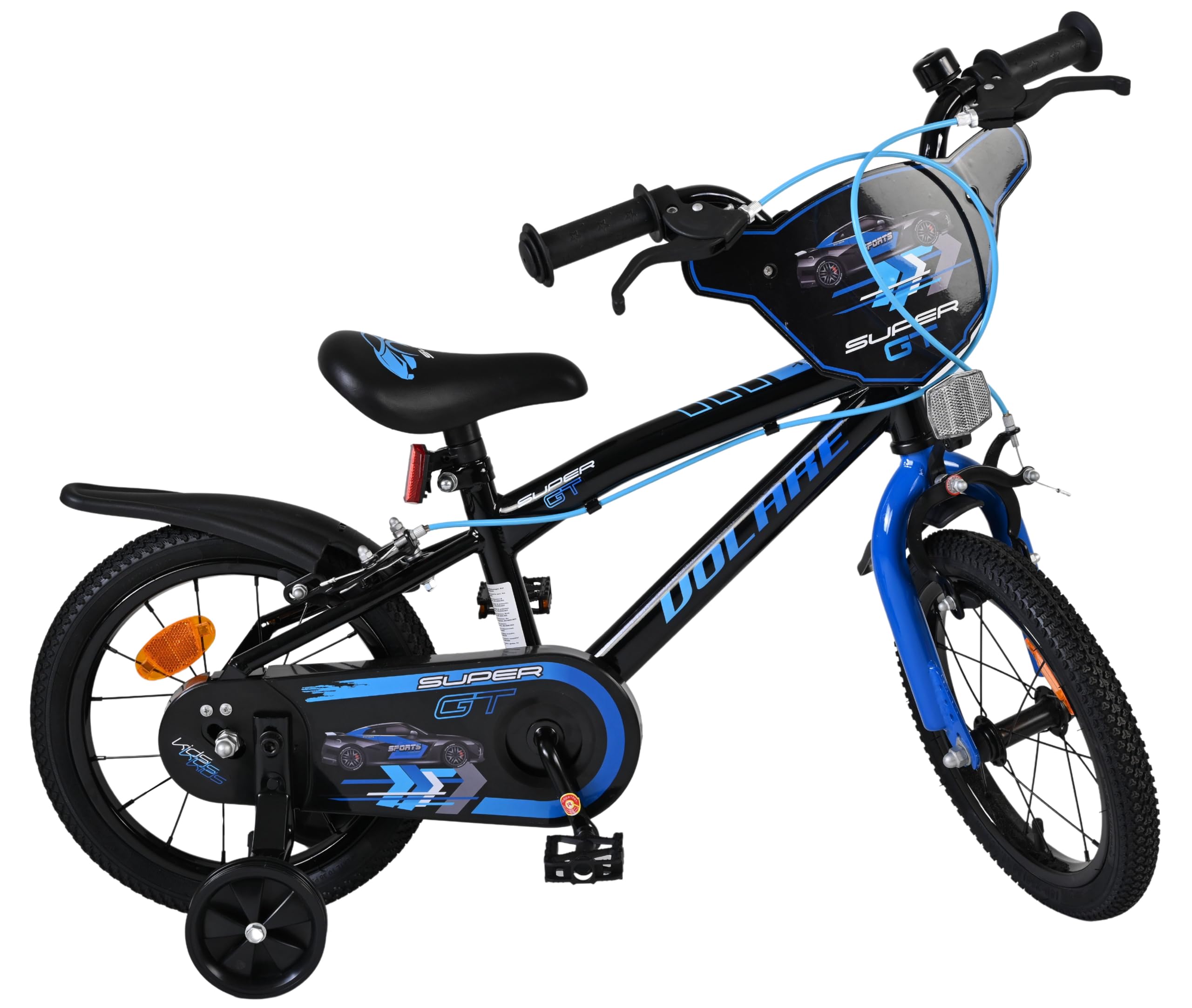 Volare Super GT Kinderfahrrad blau 14 Zoll | 3,5–5 Jahre | 2 Handbremsen, Stützräder, Kettenschutz, Reflektoren | Verstellbarer Sattel | Geschenk für Jungen & Mädchen