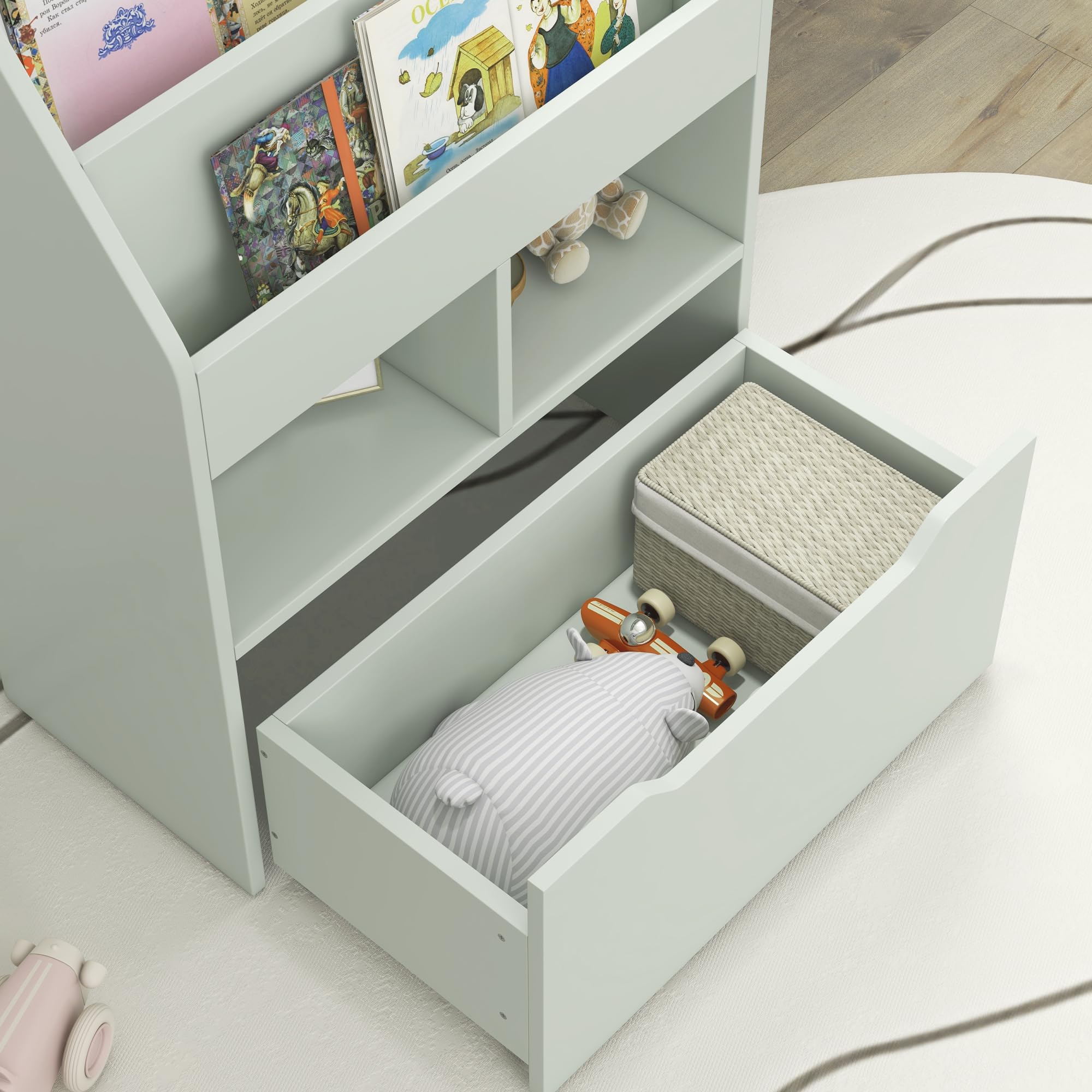 HOMCOM Bibliothèque étagère Multi-Rangement 3 étagères 2 niches Grand tiroir en Bois Vert Clair