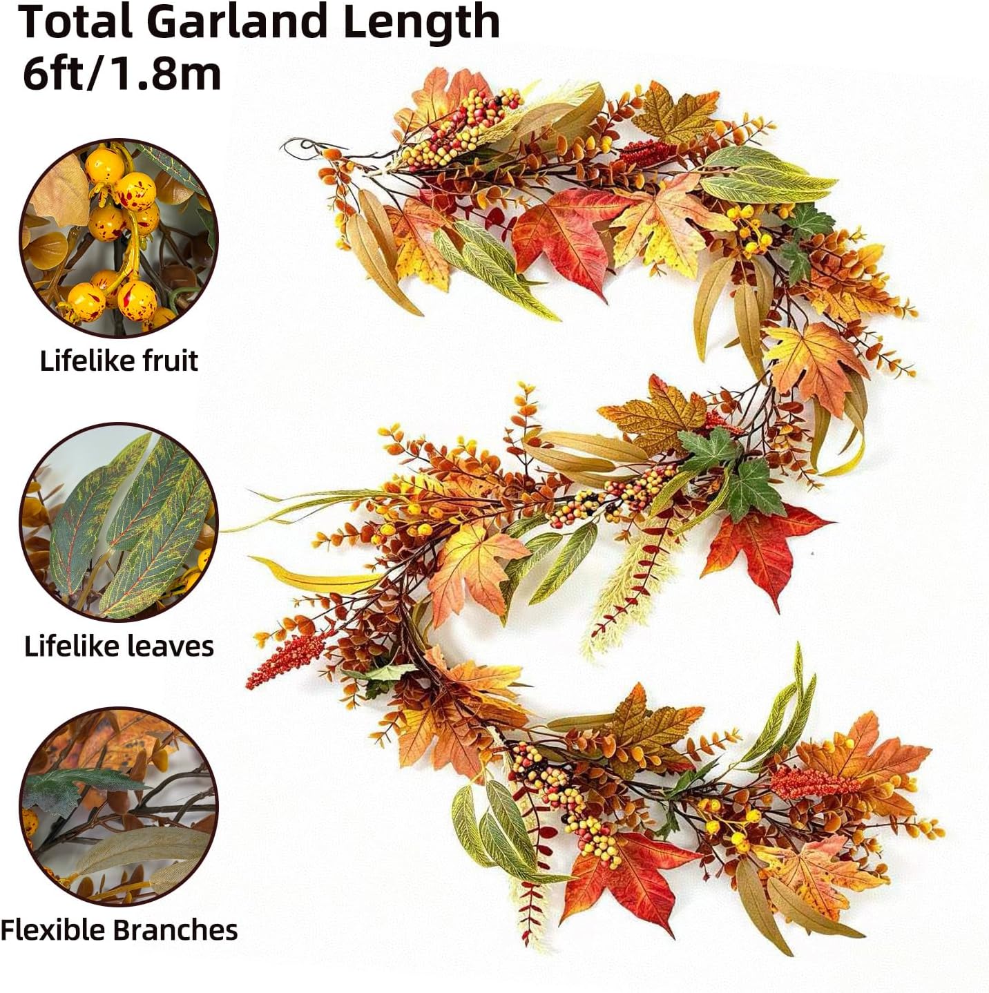 HipTree 6FT Fall Maple Leaf Garland for Mantle Fireplace Table Centerpiece | Artificial Wheat Grass Berries, Autumn Harvest Decor for Thanksgiving Halloween Indoor Outdoor,Fall Decorations for Home