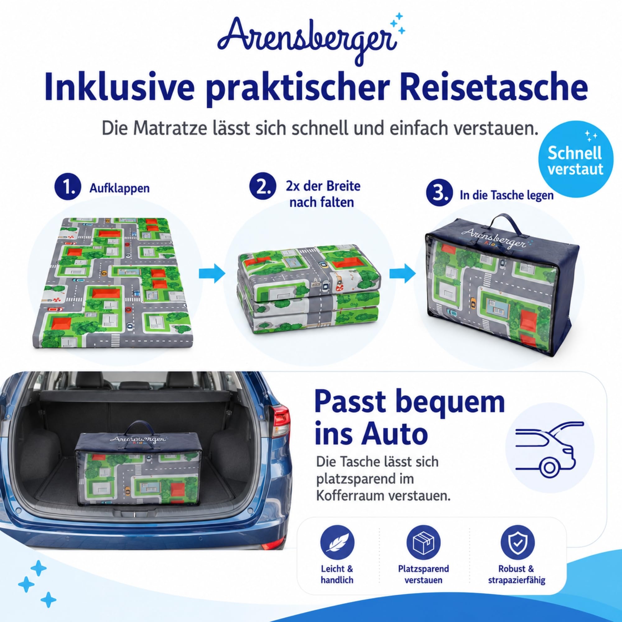 Arensberger Matelas de voyage pour enfant - 60 x 120 cm - 6 cm d'épaisseur - Matelas pliable pour bébé et enfant avec motif urbain - Mousse gel Nanocell avec housse amovible et sac de transport