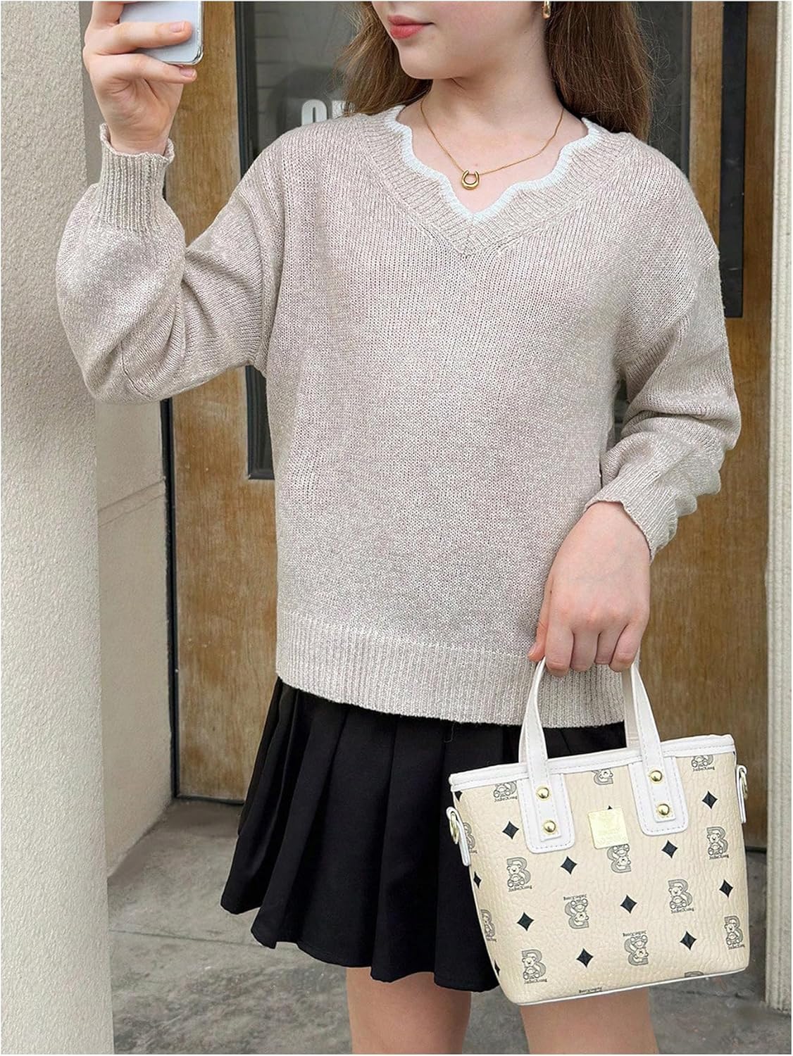 Girl's Bowknot Sweater V Neck Long Sleeve Knitted Cute Pullover Sweater Jumper Tops - Image 5