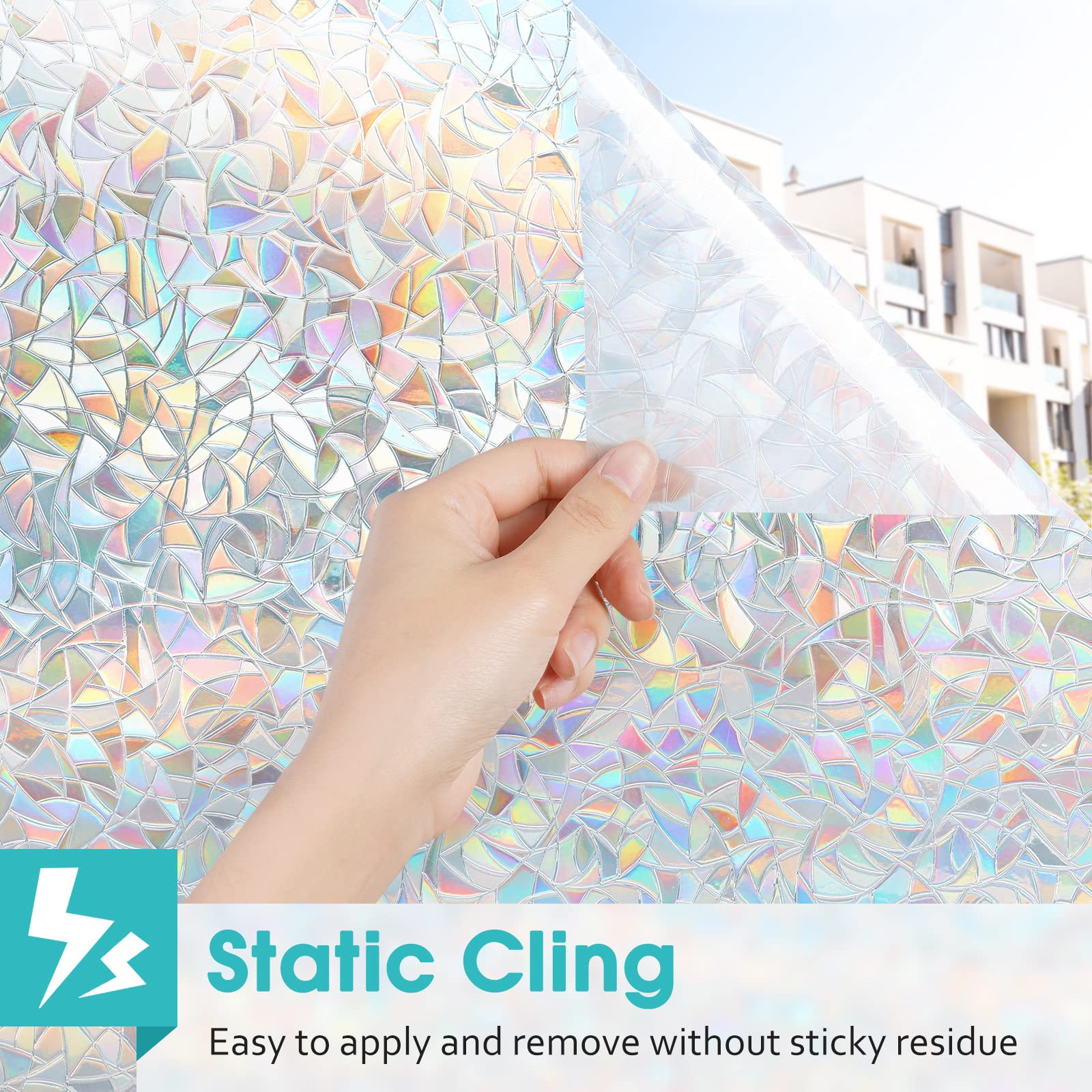 DOWELL Regenboog Raamfolie 44.5 x 300cm Privacy Glas-in-Lood Zelfklevende 3D Statische Window Film, Verwijderbare Decoratieve Raamsticker met Regenboogeffect, Anti-UV Zonwering voor Thuis en Kantoor