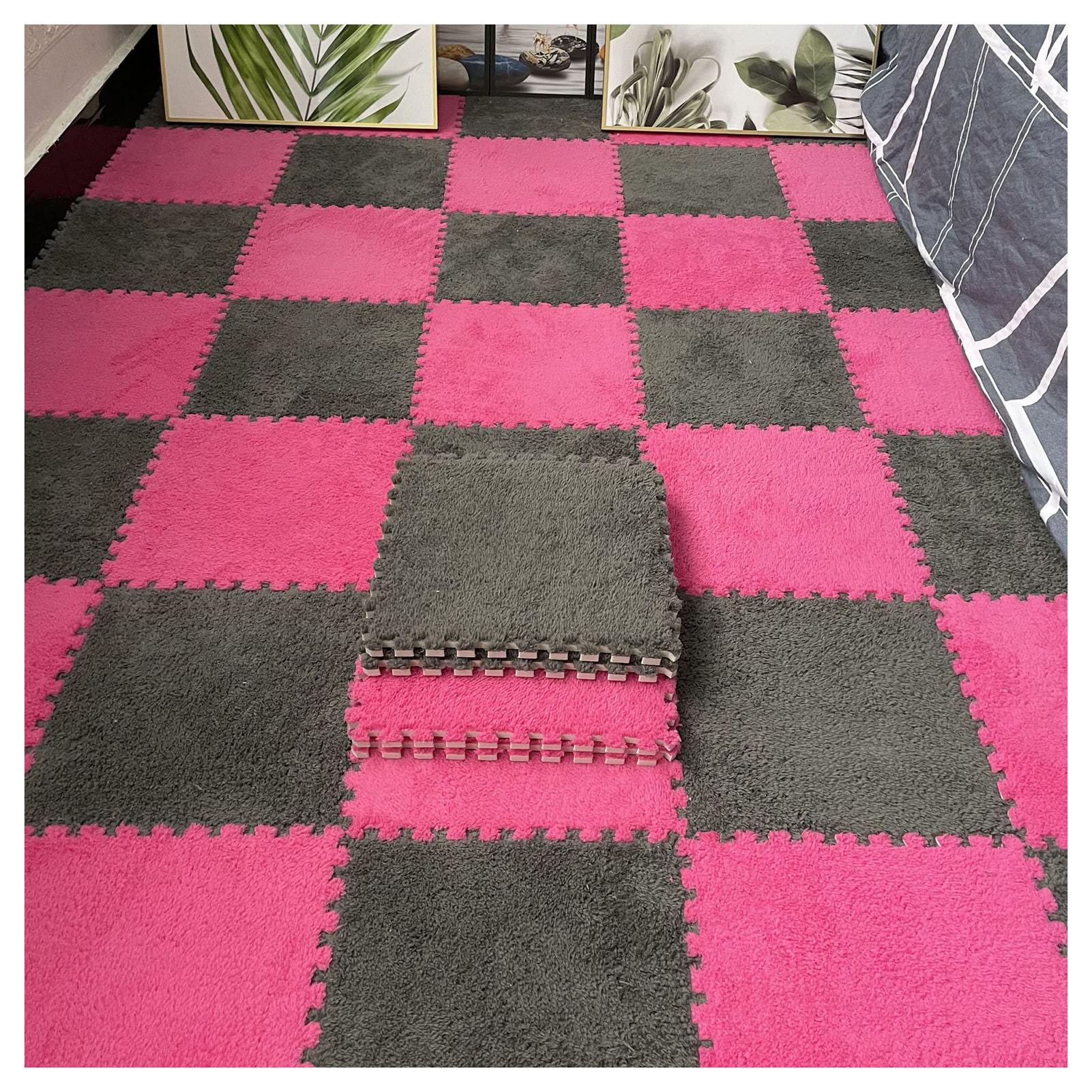 Splice Interlocking Carpet 16 Pezzi Tappetino in Schiuma Patchwork di Peluche, Tappetino in Peluche Quadrato Puzzle, Tappeto in Schiuma Antiscivolo,Gray+Rose-0.6cm