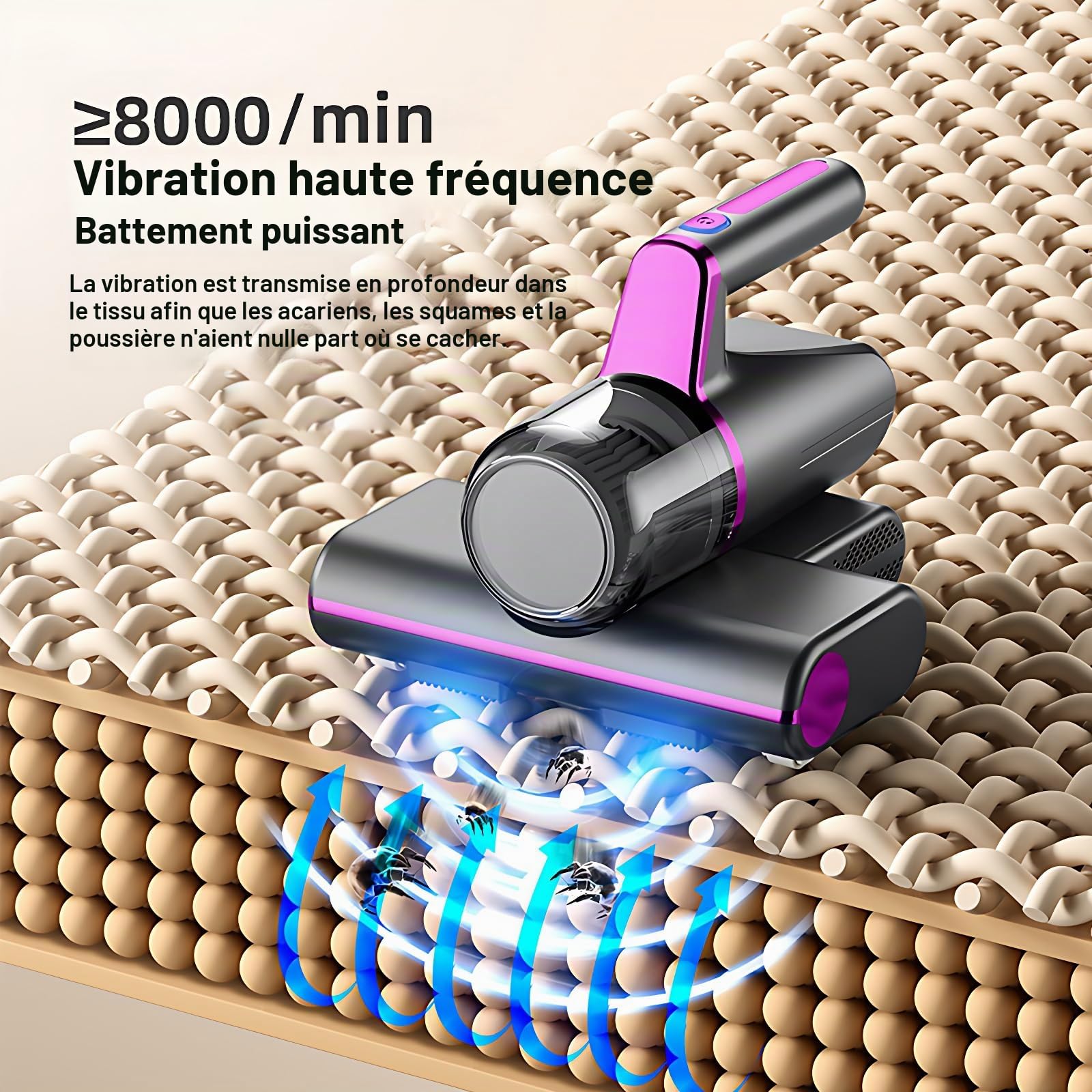 Aspirateur Anti Acariens,Aspirateur Matelas 14 kpa avec Lampes UV LED,Lumière UV-C à Haute Fréquence avec au Moins 8000,Élimine 99,9% des Allergènes, Spécial Allergies