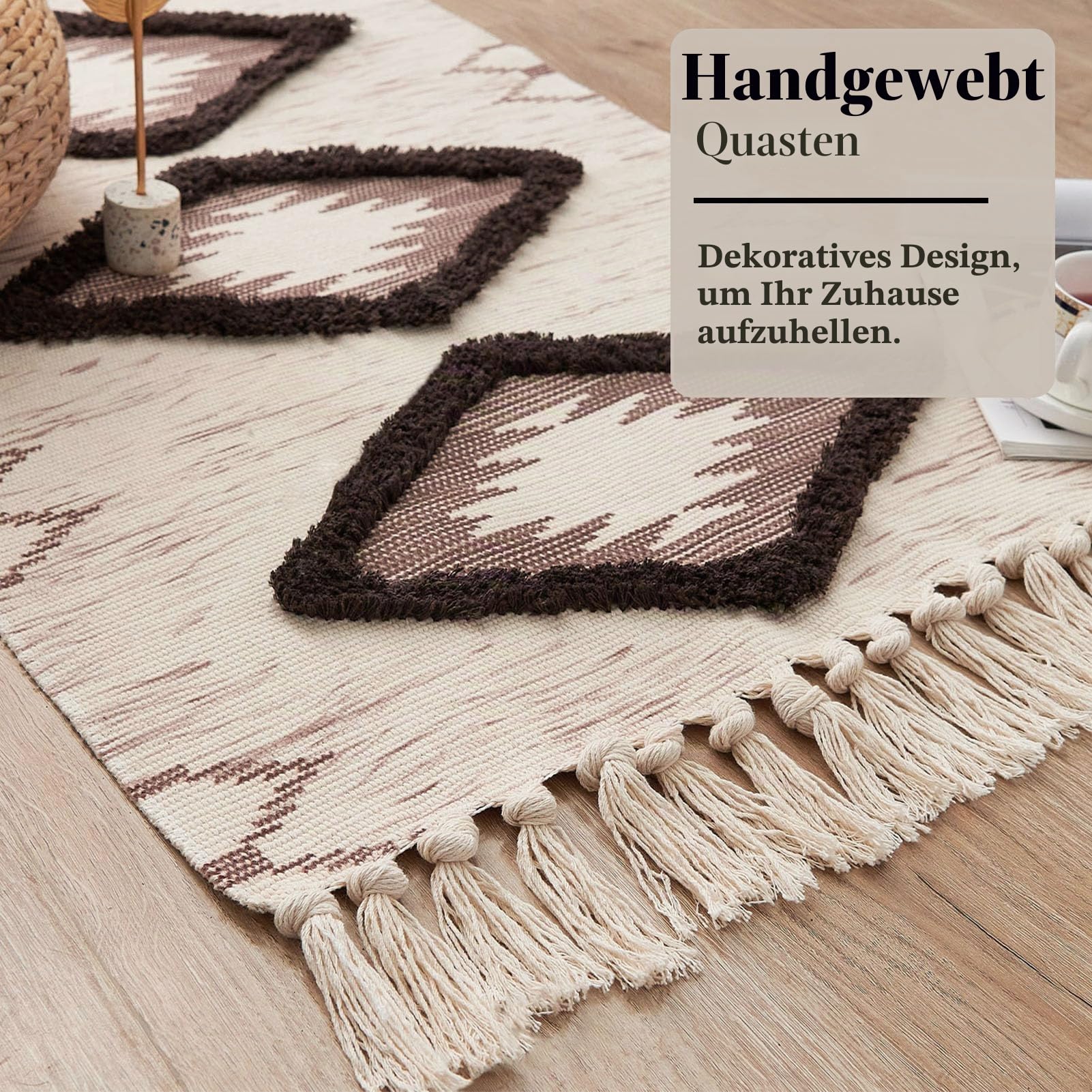 Boho-Läufer, waschbar, 60 x 180 cm, rutschfest, gummierte Unterseite, für Küche, Bauernhaus, Bodenmatte mit Quasten, getuftete gewebte Baumwolle, Eingangsbereich, Braun