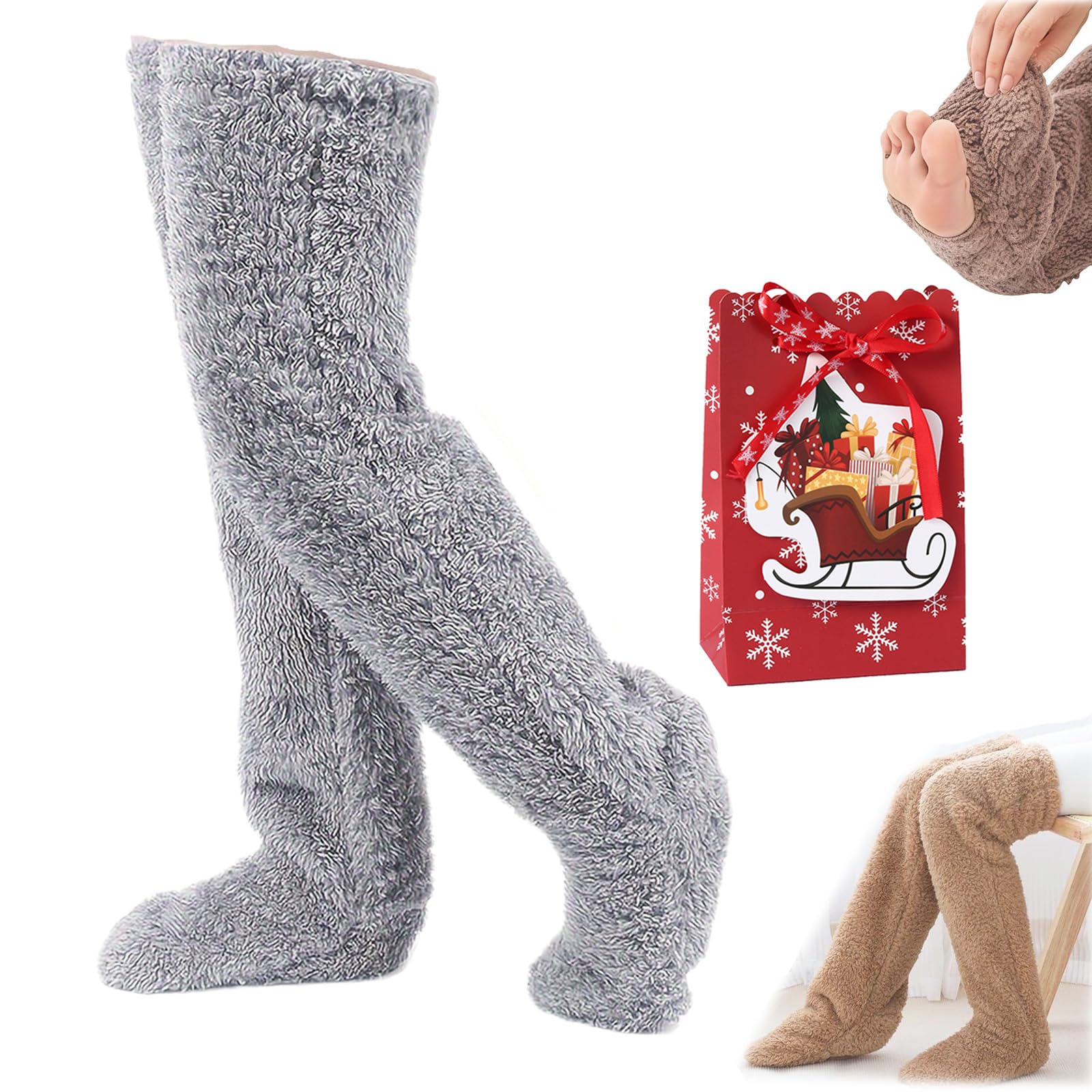 NNBWLMAEE Goose Down Knee Socks for Christmas, Socks Long Fuzzy Thigh High Warm, Thickened Goose Down Leg Warming Knee socks, Plush Warmth Long socks, for the Winter, Adult Men and Women (Light gray)